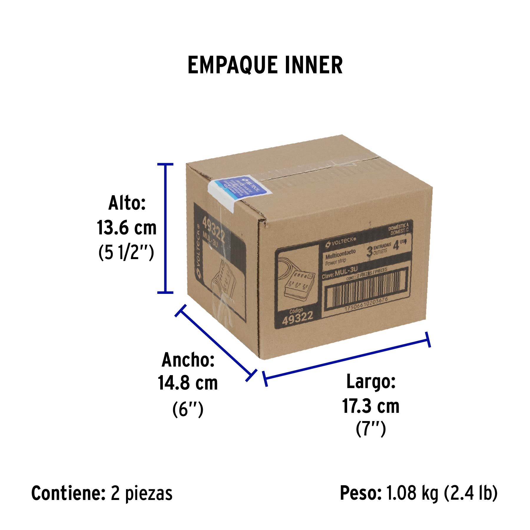 Multicontacto 16 AWG doméstico 3 entradas 4 ptos USB, blanco - Empaque