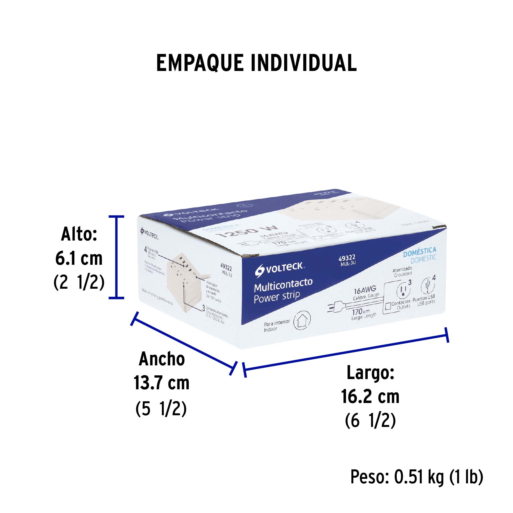 Multicontacto 16 AWG doméstico 3 entradas 4 ptos USB, blanco - Empaque