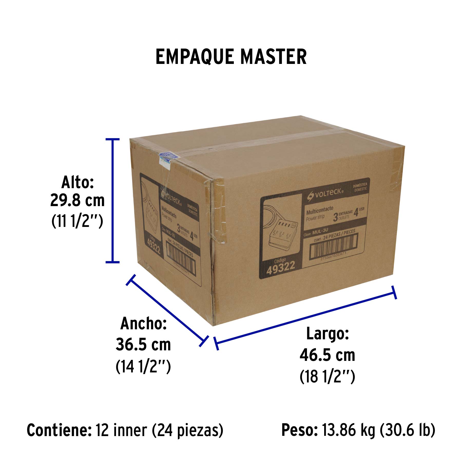 Multicontacto 16 AWG doméstico 3 entradas 4 ptos USB, blanco - Empaque