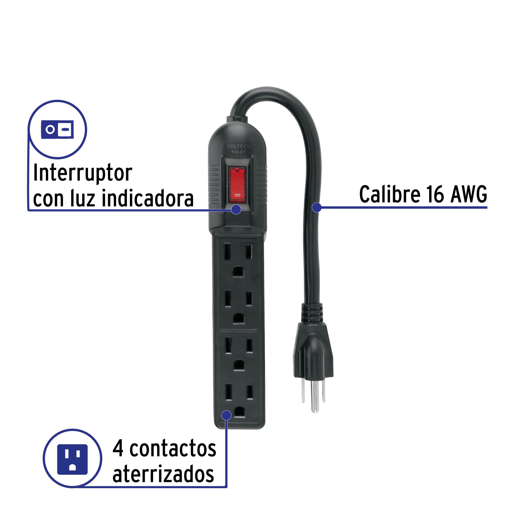 Multicontacto económico 4 entradas, negro, VOLTECK