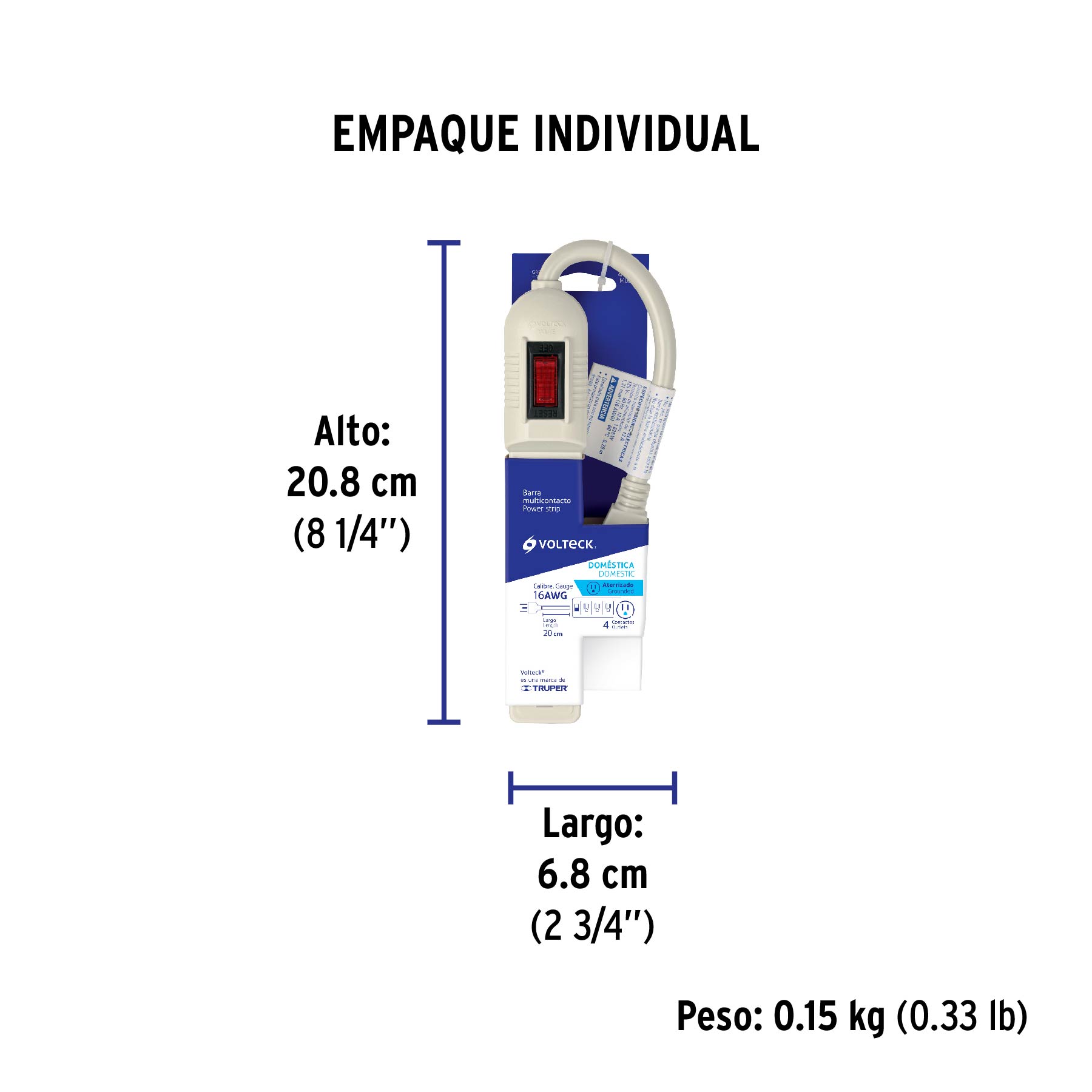 Multicontacto económico 4 entradas, blanco, VOLTECK - Empaque