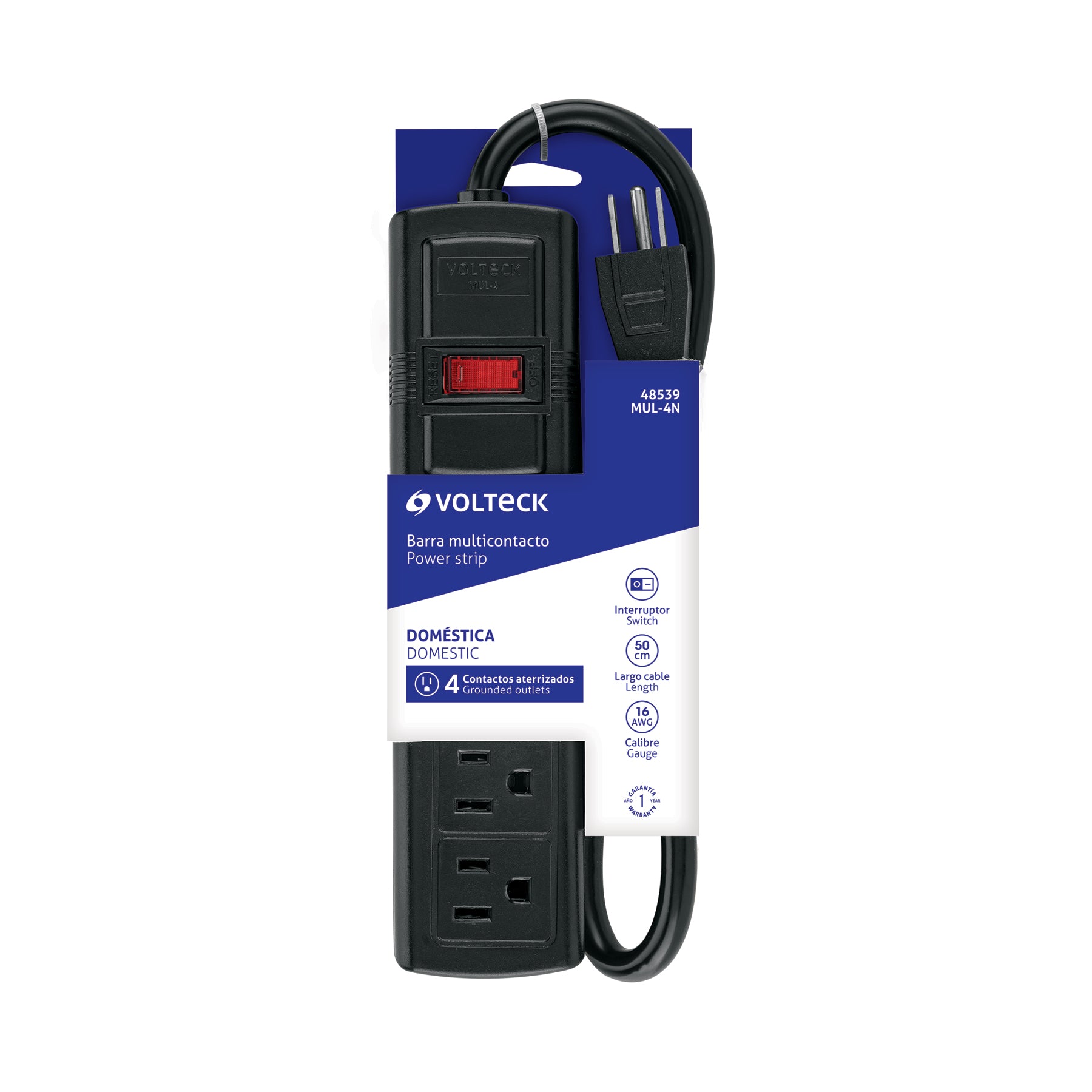 Multicontacto doméstico con 4 entradas, negro, VOLTECK