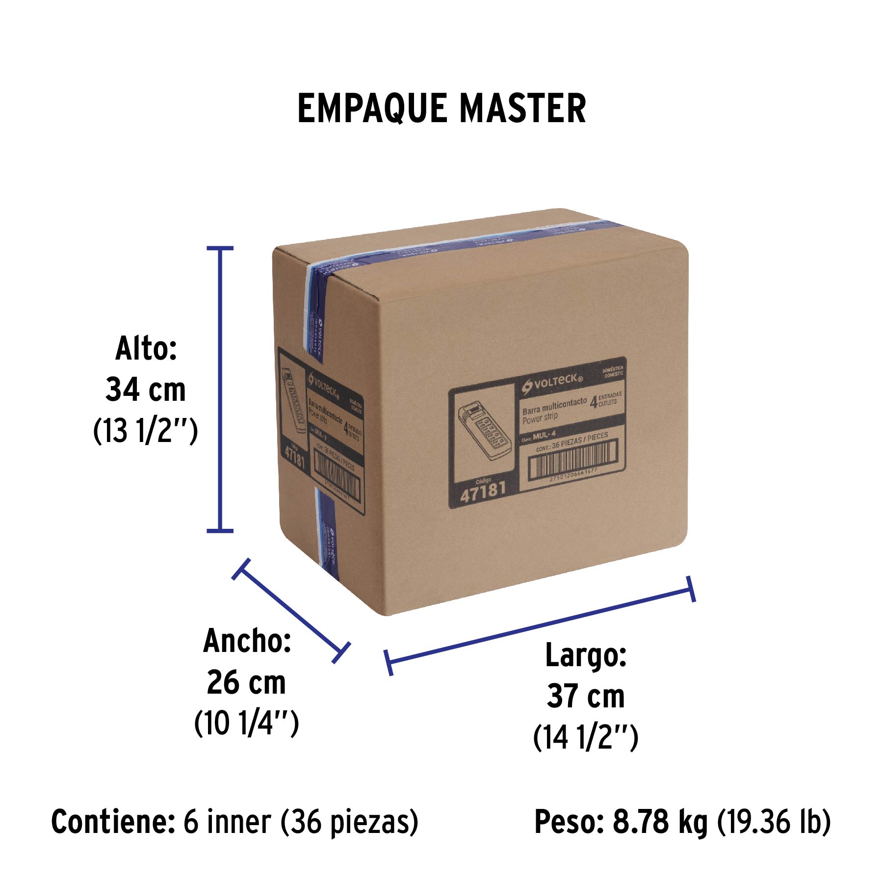 Multicontacto 16 AWG uso rudo con 4 entradas, VOLTECK - Empaque