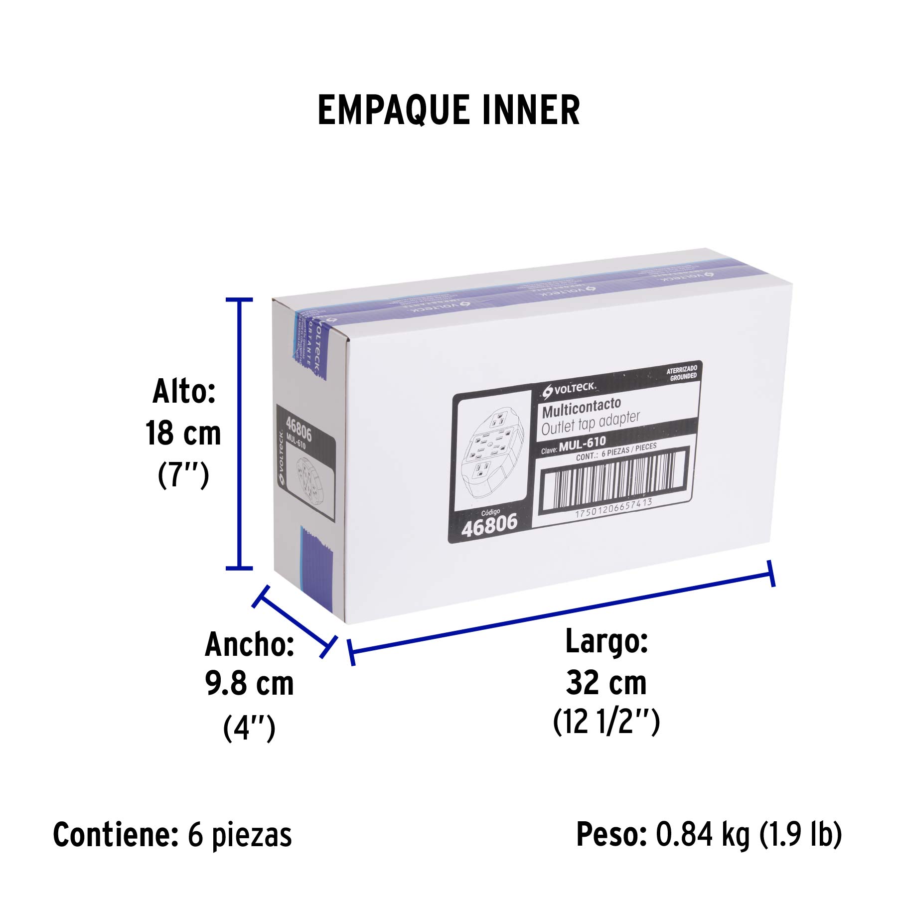 Multicontacto aterrizado ovalado, 6 entradas, VOLTECK - Empaque