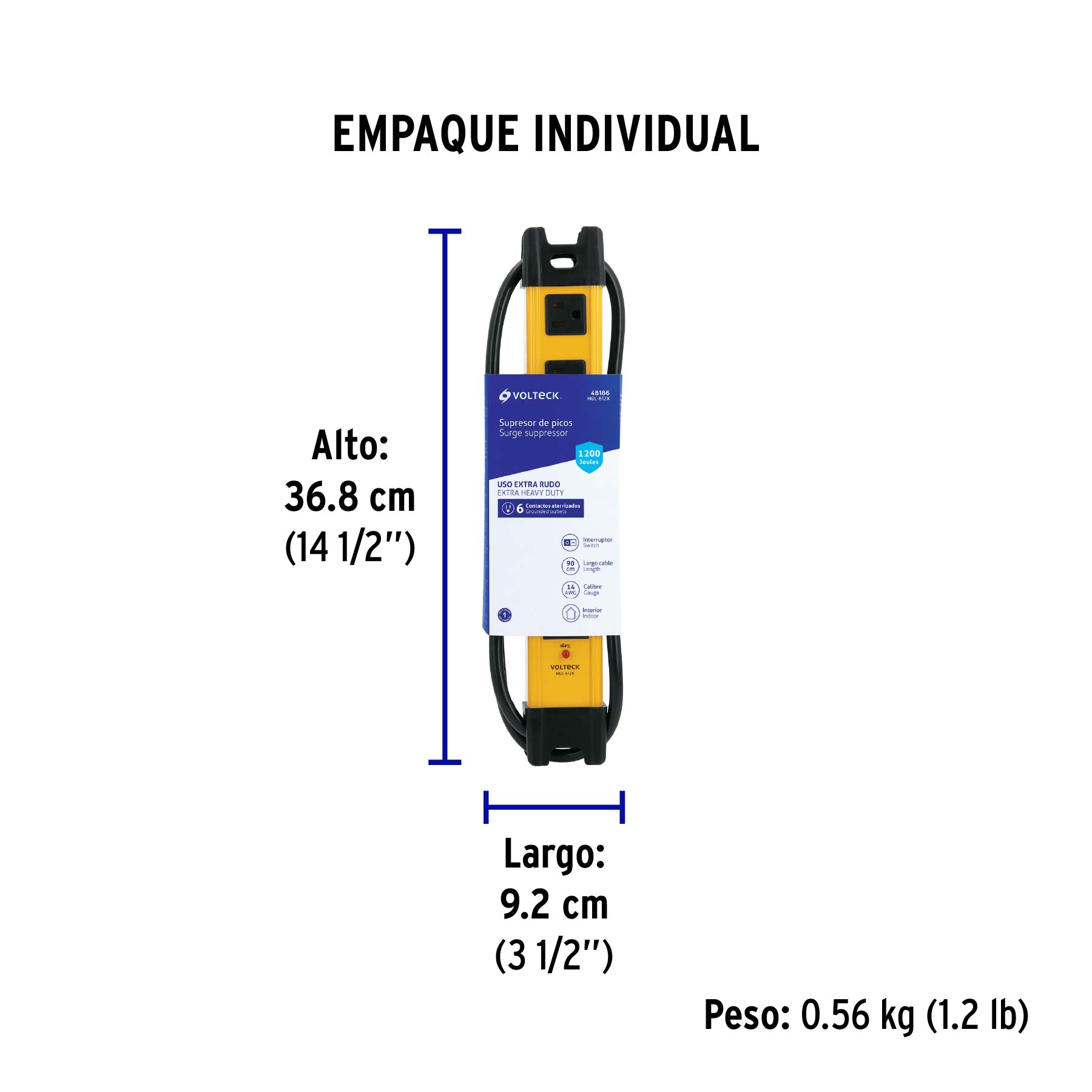 Multicontacto 14 AWG industrial supresor de picos 6 entradas - Empaque