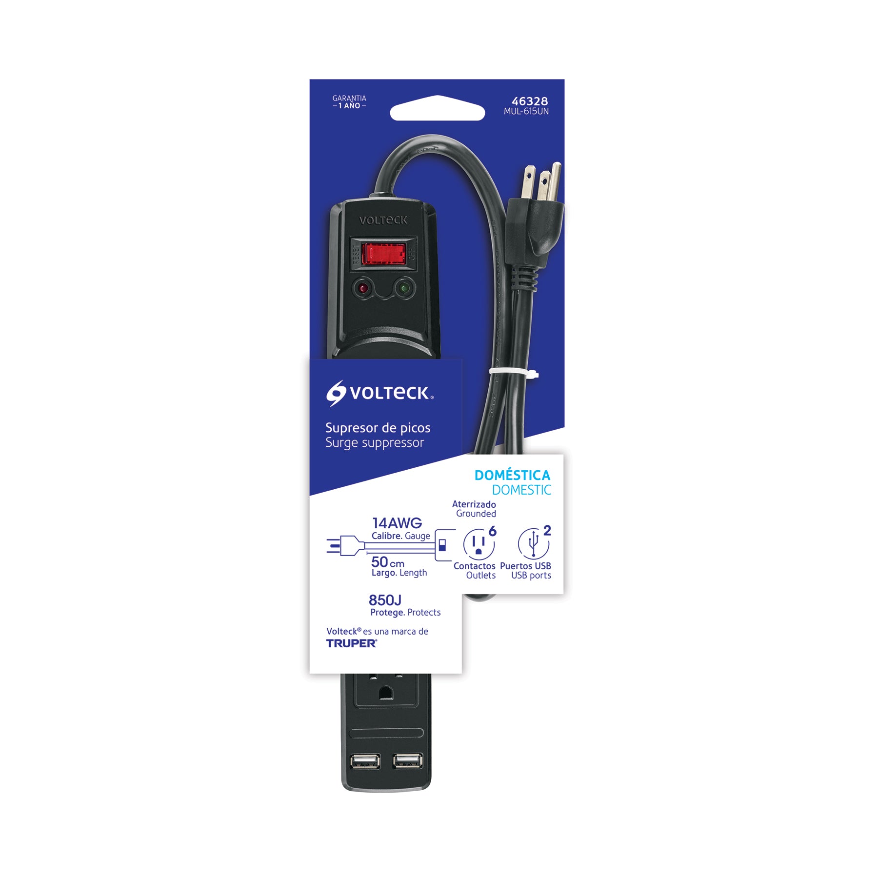 Multicontacto 14 AWG 6 entradas, 2 puertos USB, 850 J, negro