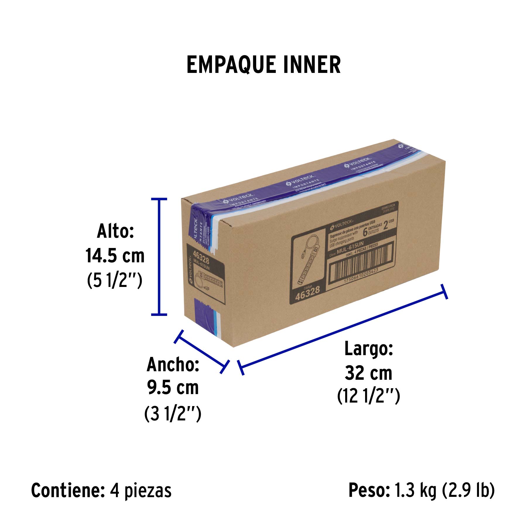 Multicontacto 14 AWG 6 entradas, 2 puertos USB, 850 J, negro - Empaque