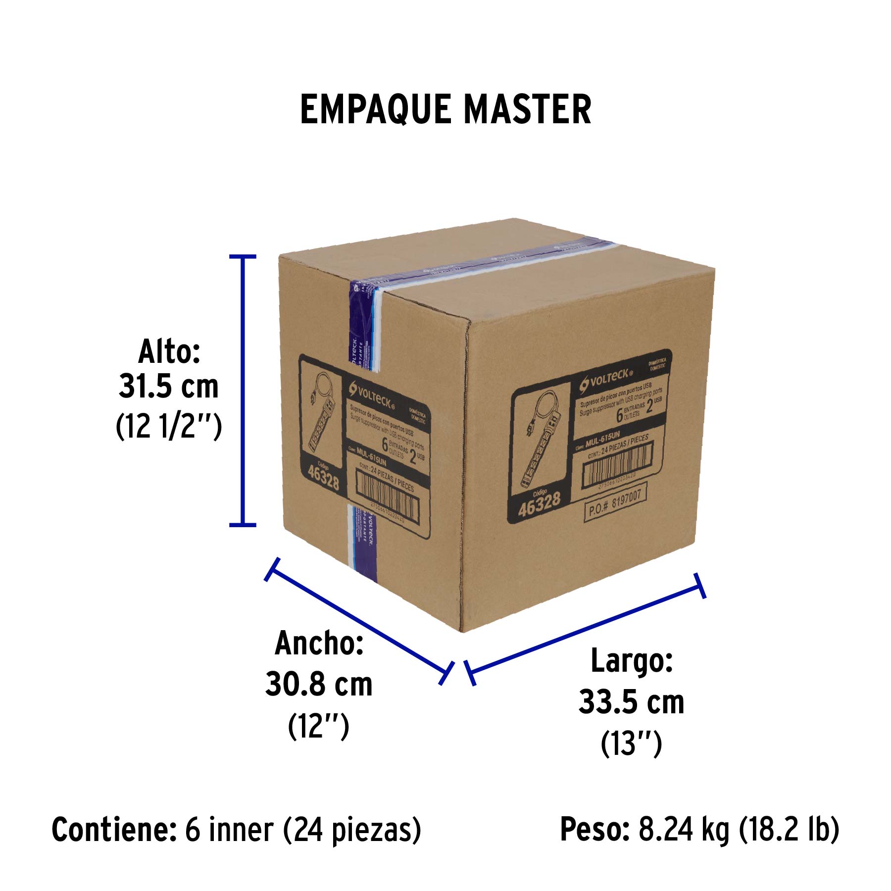Multicontacto 14 AWG 6 entradas, 2 puertos USB, 850 J, negro - Empaque