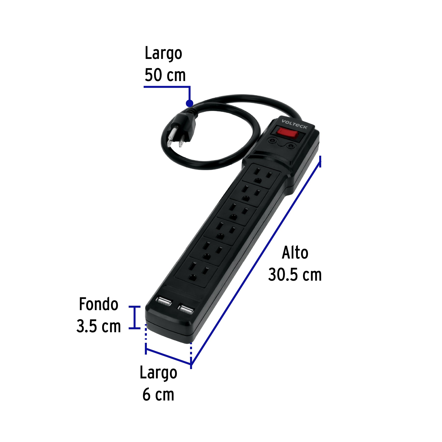Multicontacto 14 AWG 6 entradas, 2 puertos USB, 850 J, negro