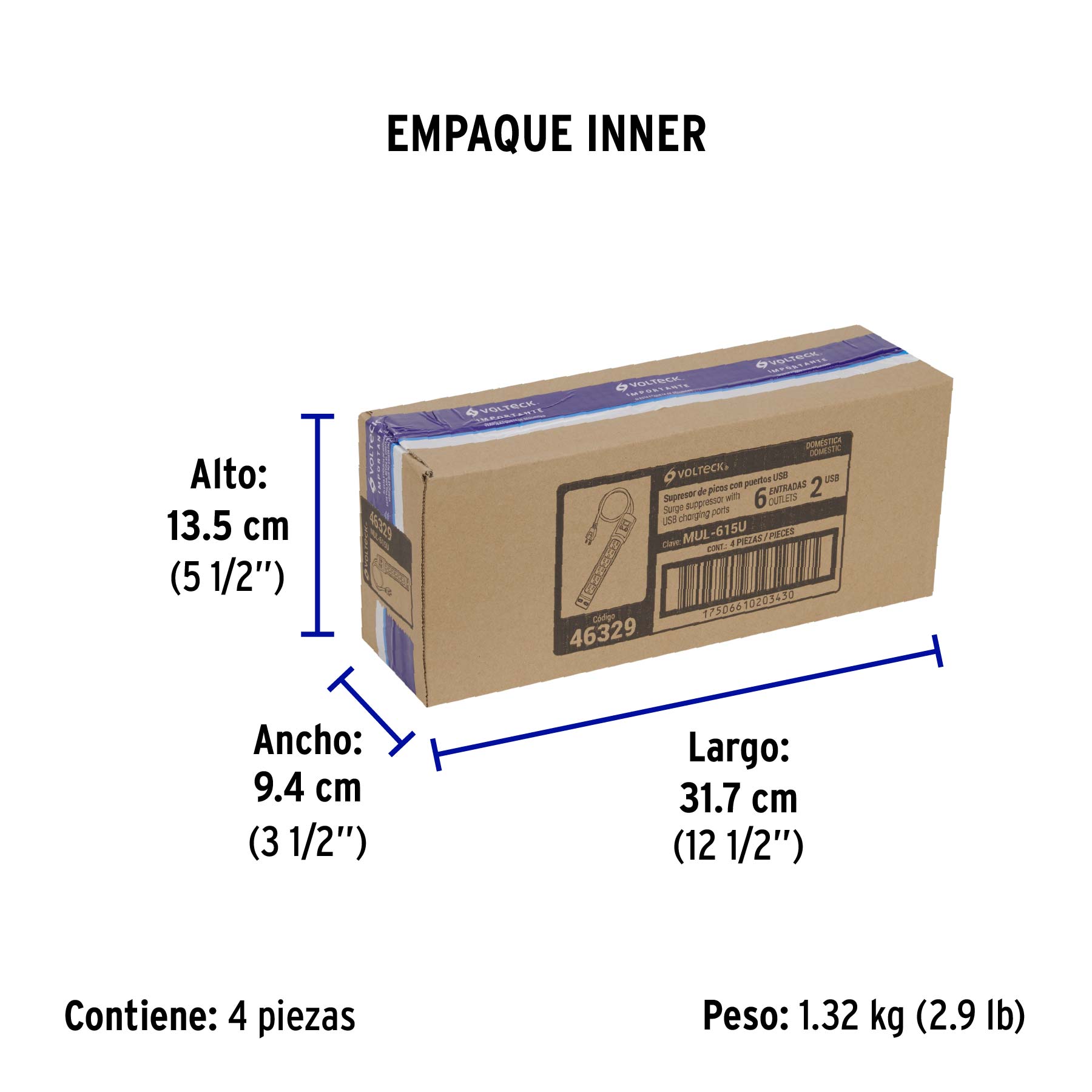 Multicontacto 14 AWG 6 entradas, 2 puertos USB, 850 J marfil - Empaque