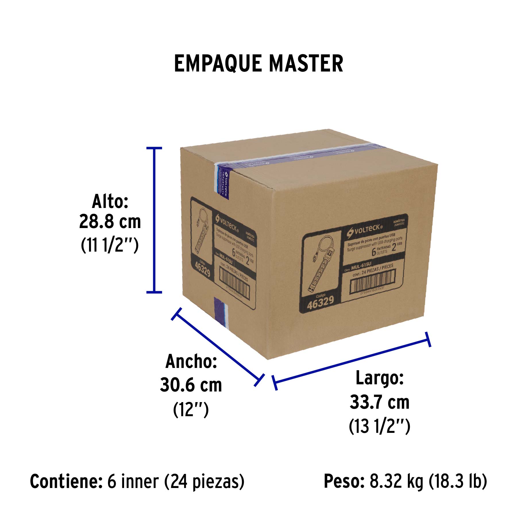 Multicontacto 14 AWG 6 entradas, 2 puertos USB, 850 J marfil - Empaque