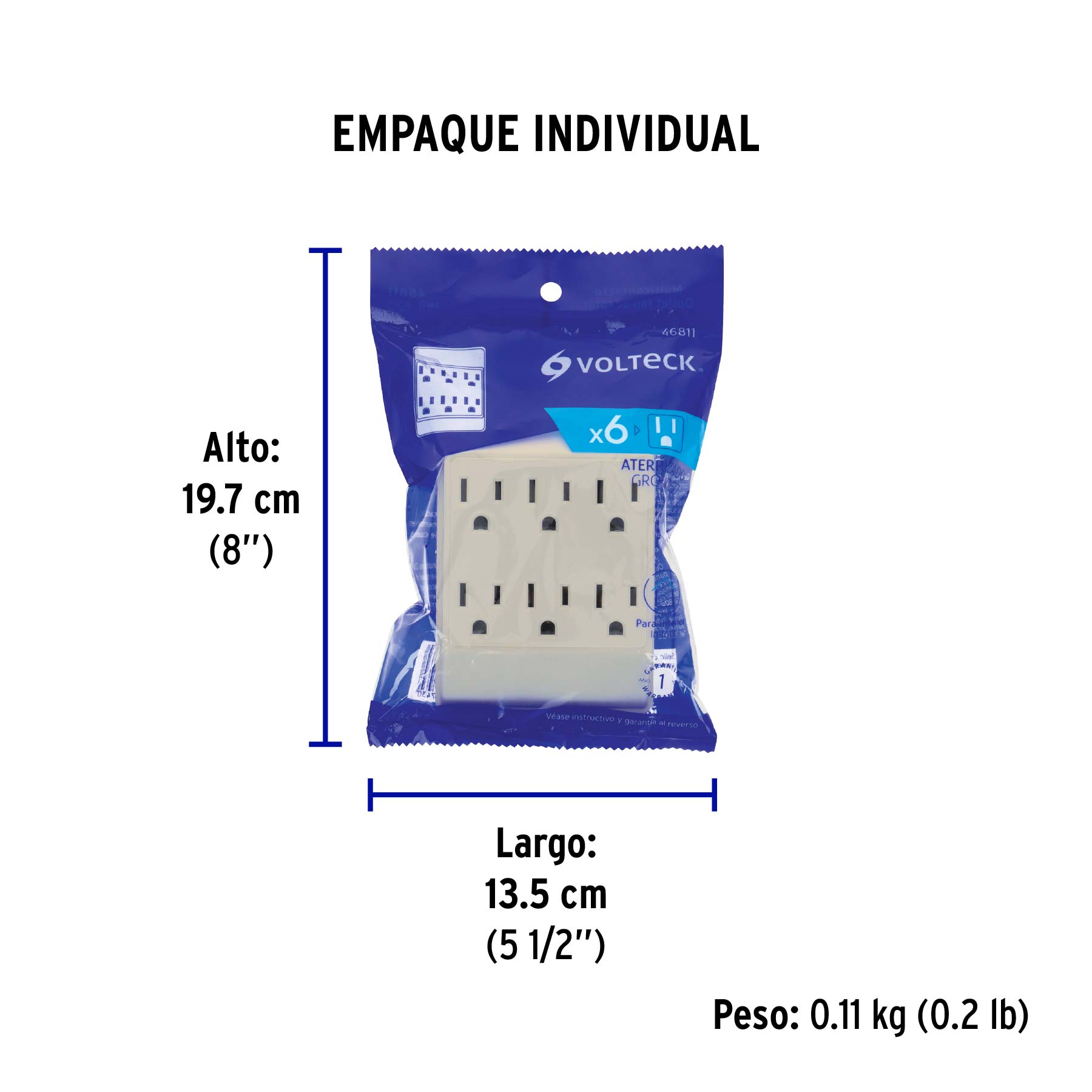 Multicontacto 6 entradas, aterrizado, cuadrado, VOLTECK - Empaque