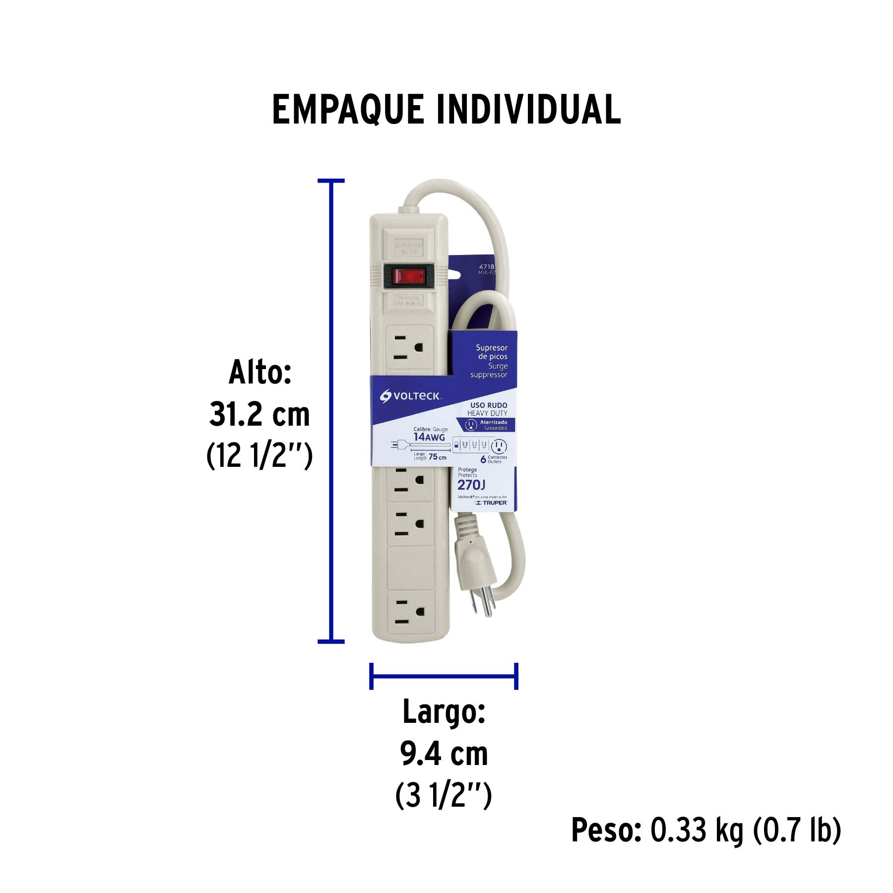 Multicontacto 14 AWG 6 entradas supresor de picos 270 joules - Empaque