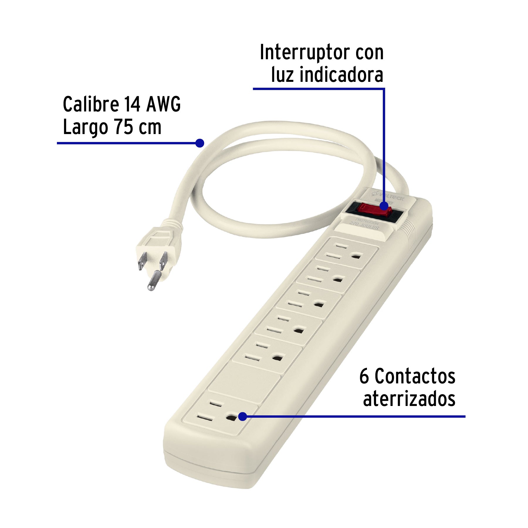 Multicontacto 14 AWG 6 entradas supresor de picos 270 joules