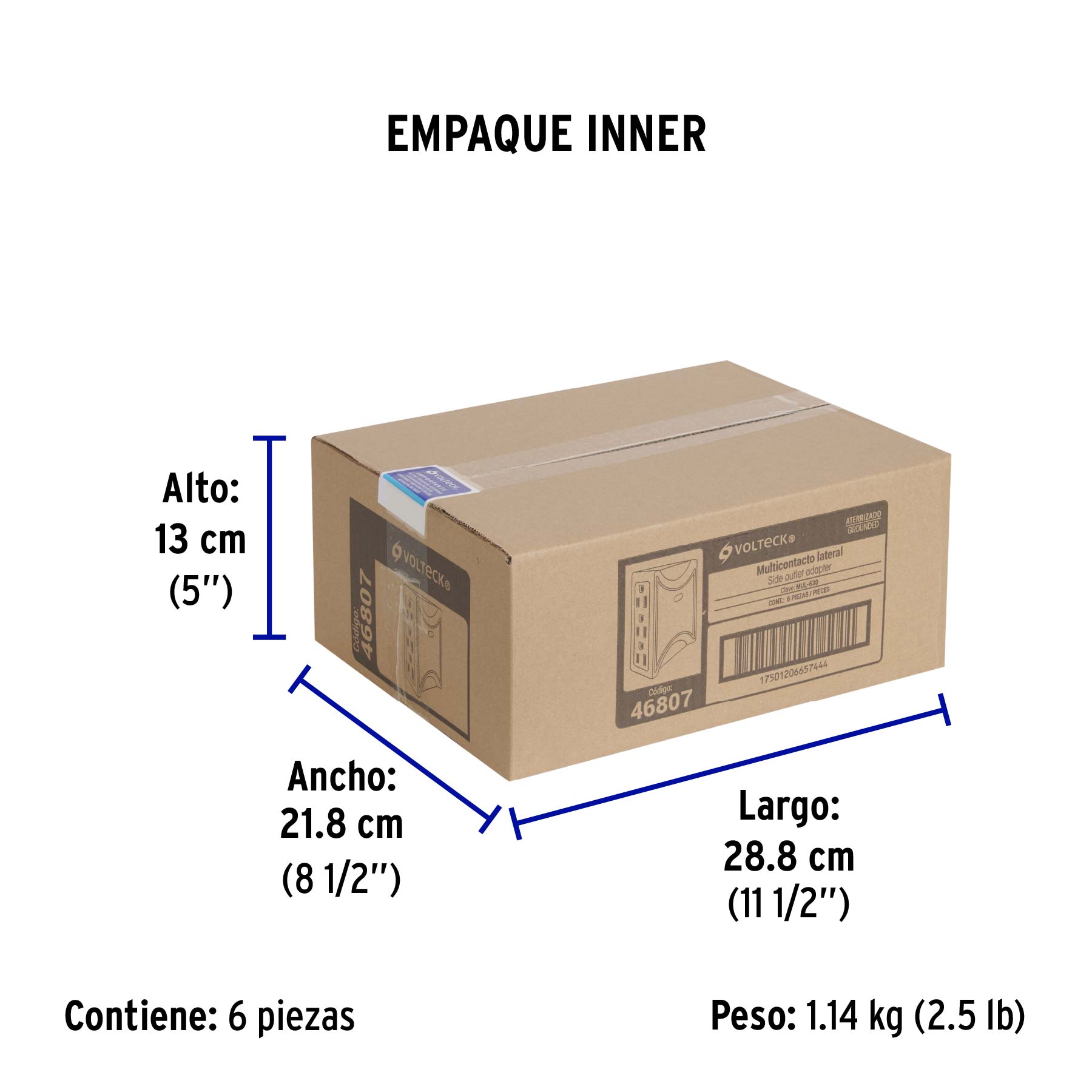 Multicontacto 6 entradas, aterrizado, lateral, VOLTECK - Empaque