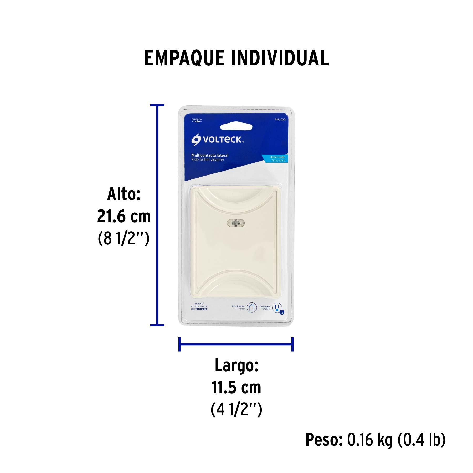 Multicontacto 6 entradas, aterrizado, lateral, VOLTECK - Empaque