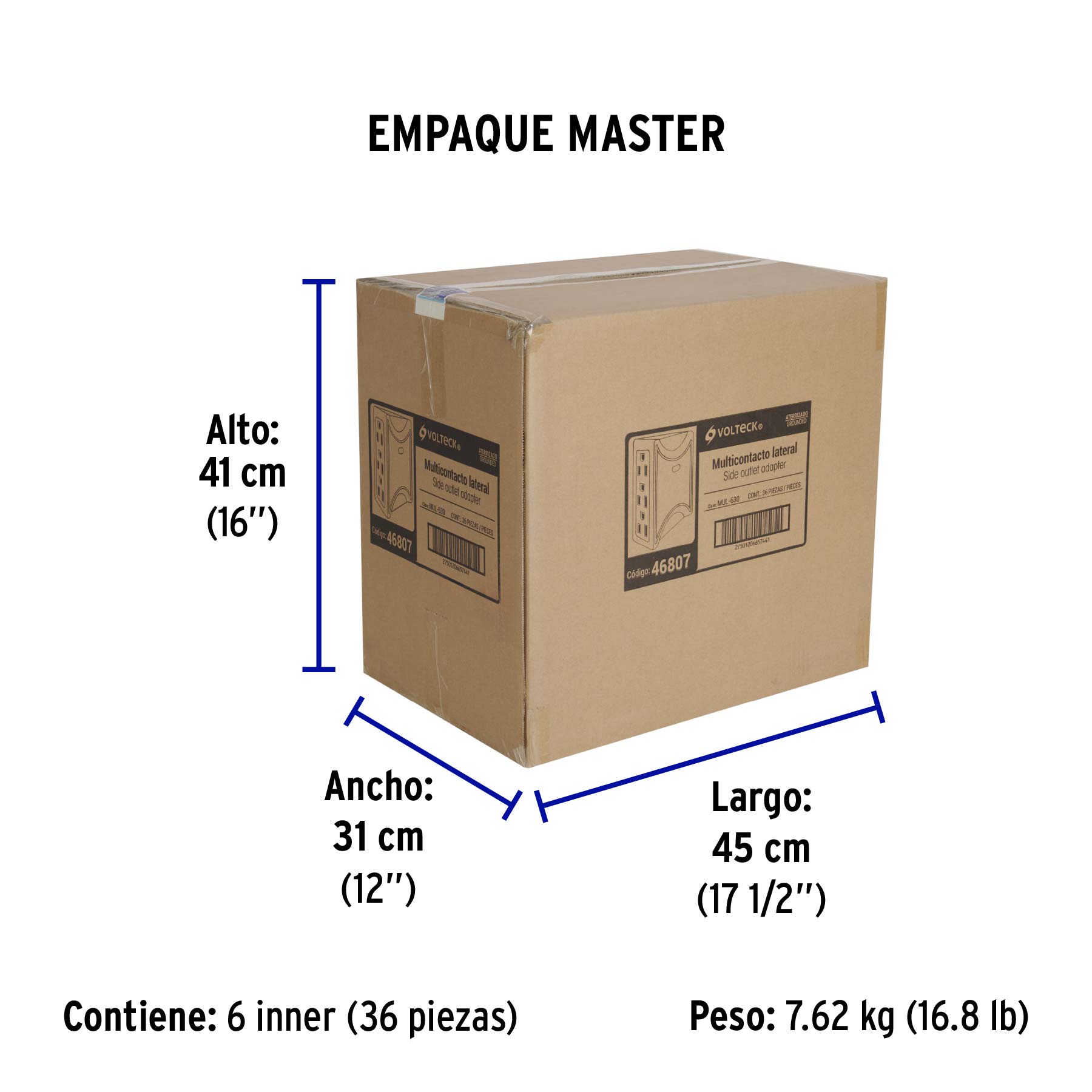 Multicontacto 6 entradas, aterrizado, lateral, VOLTECK - Empaque