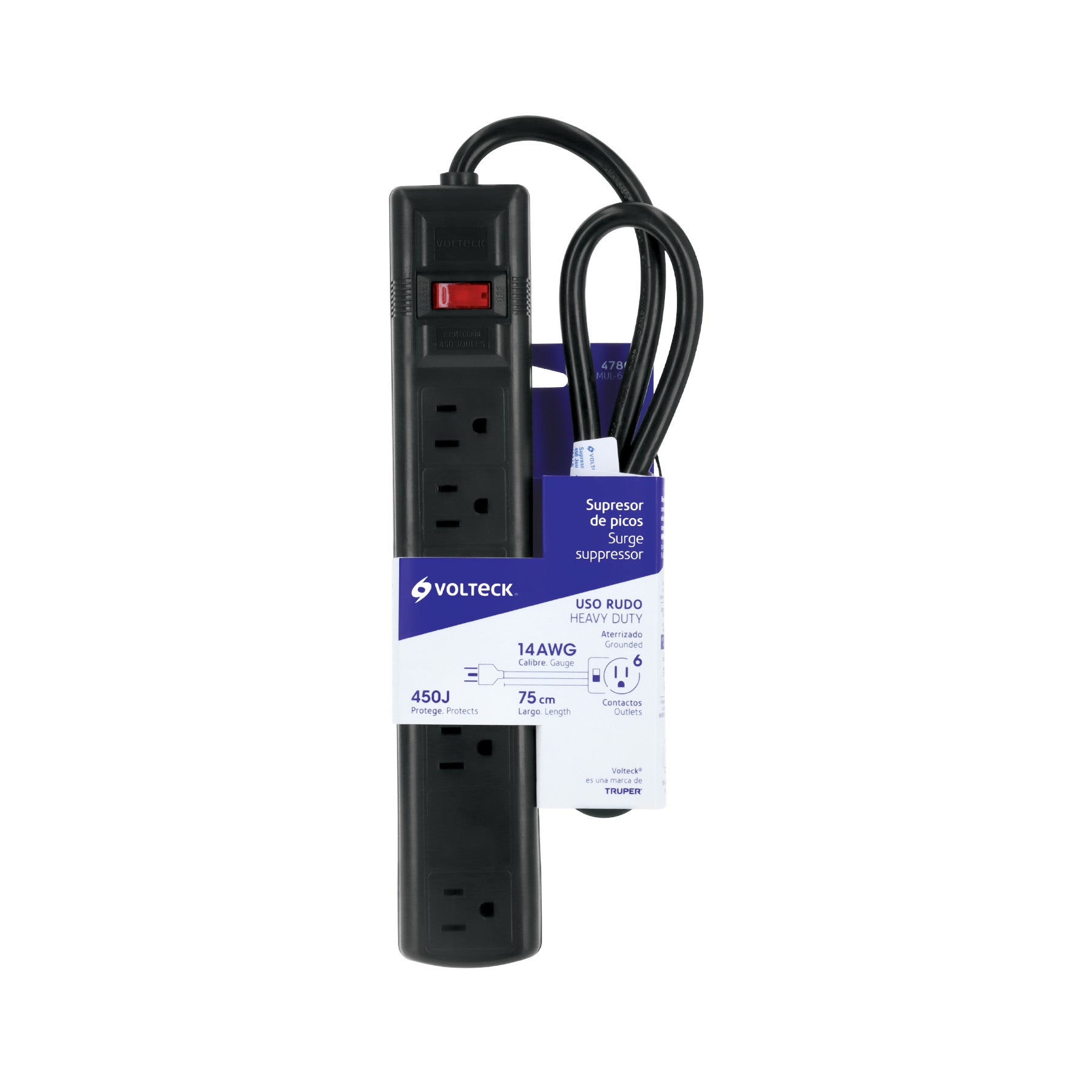 Multicontacto 14 AWG 6 ent., sup. de picos 450 joules, negro