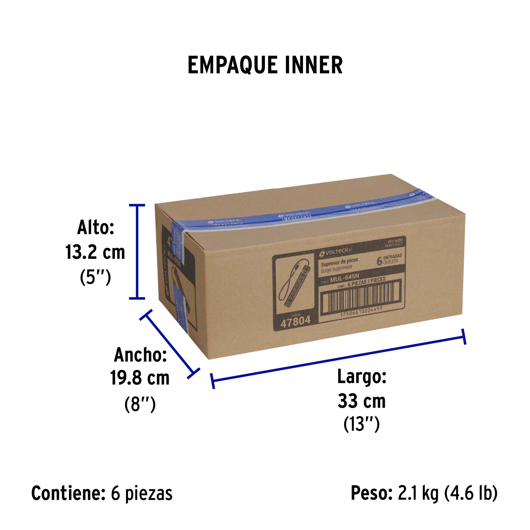 Multicontacto 14 AWG 6 ent., sup. de picos 450 joules, negro - Empaque