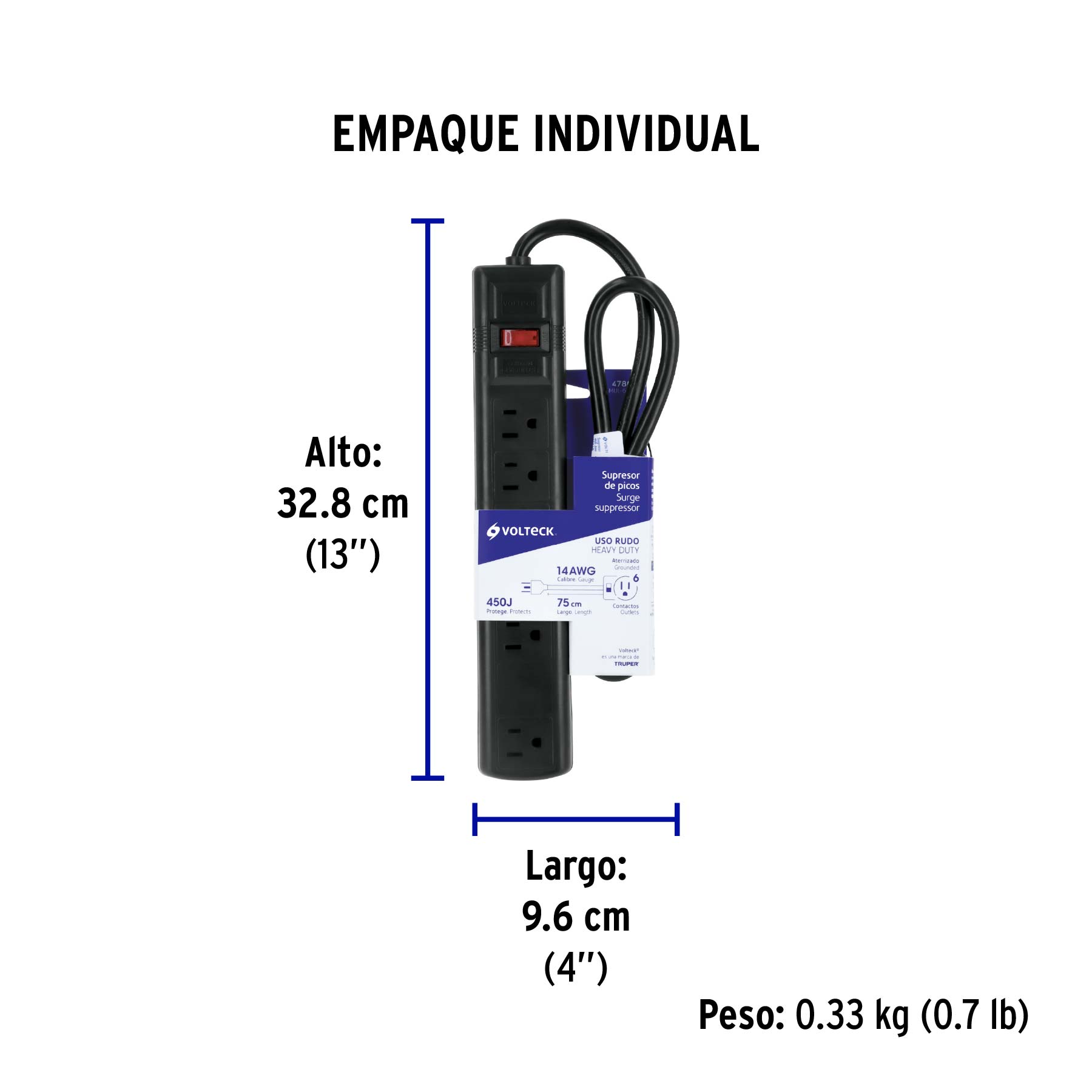 Multicontacto 14 AWG 6 ent., sup. de picos 450 joules, negro - Empaque