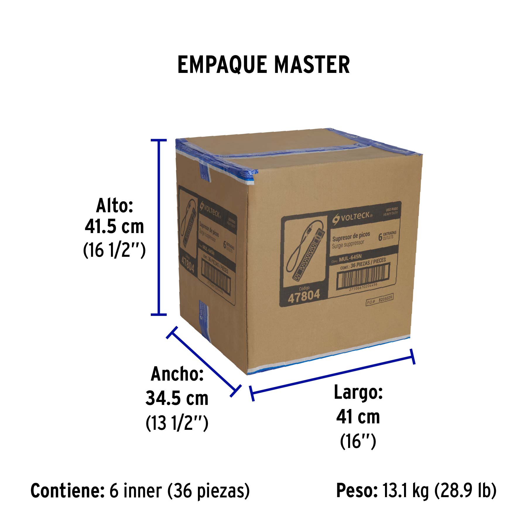 Multicontacto 14 AWG 6 ent., sup. de picos 450 joules, negro - Empaque