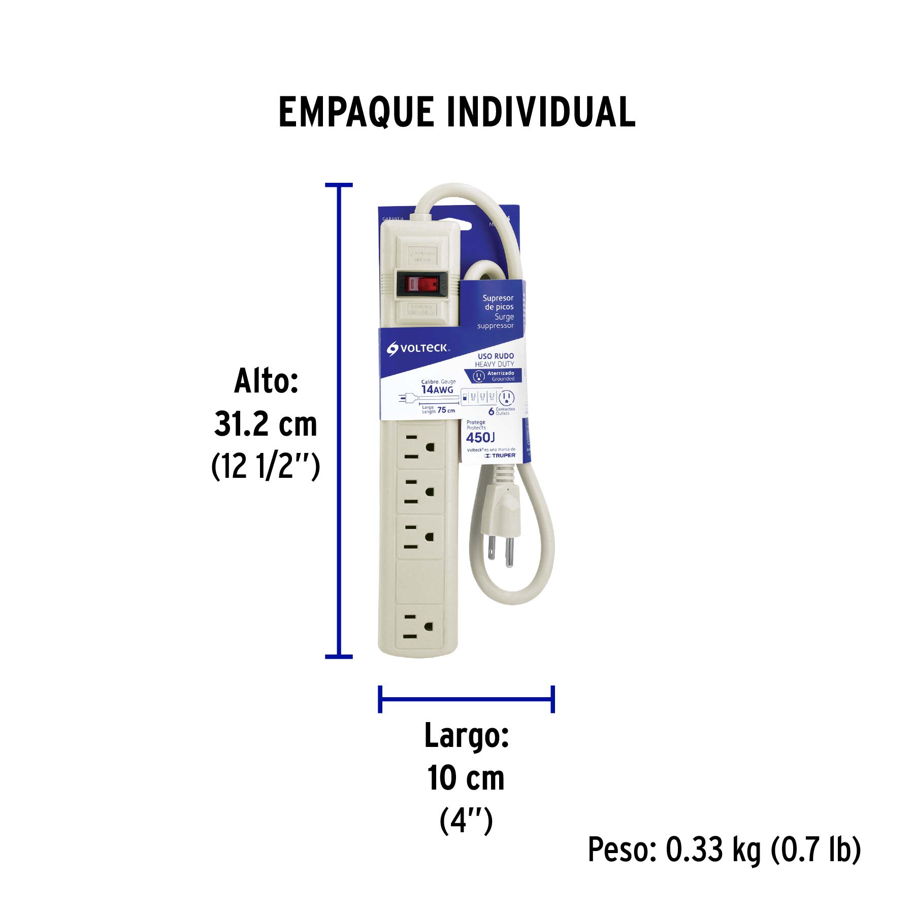 Multicontacto 14 AWG 6 entradas supresor de picos 450 joules - Empaque