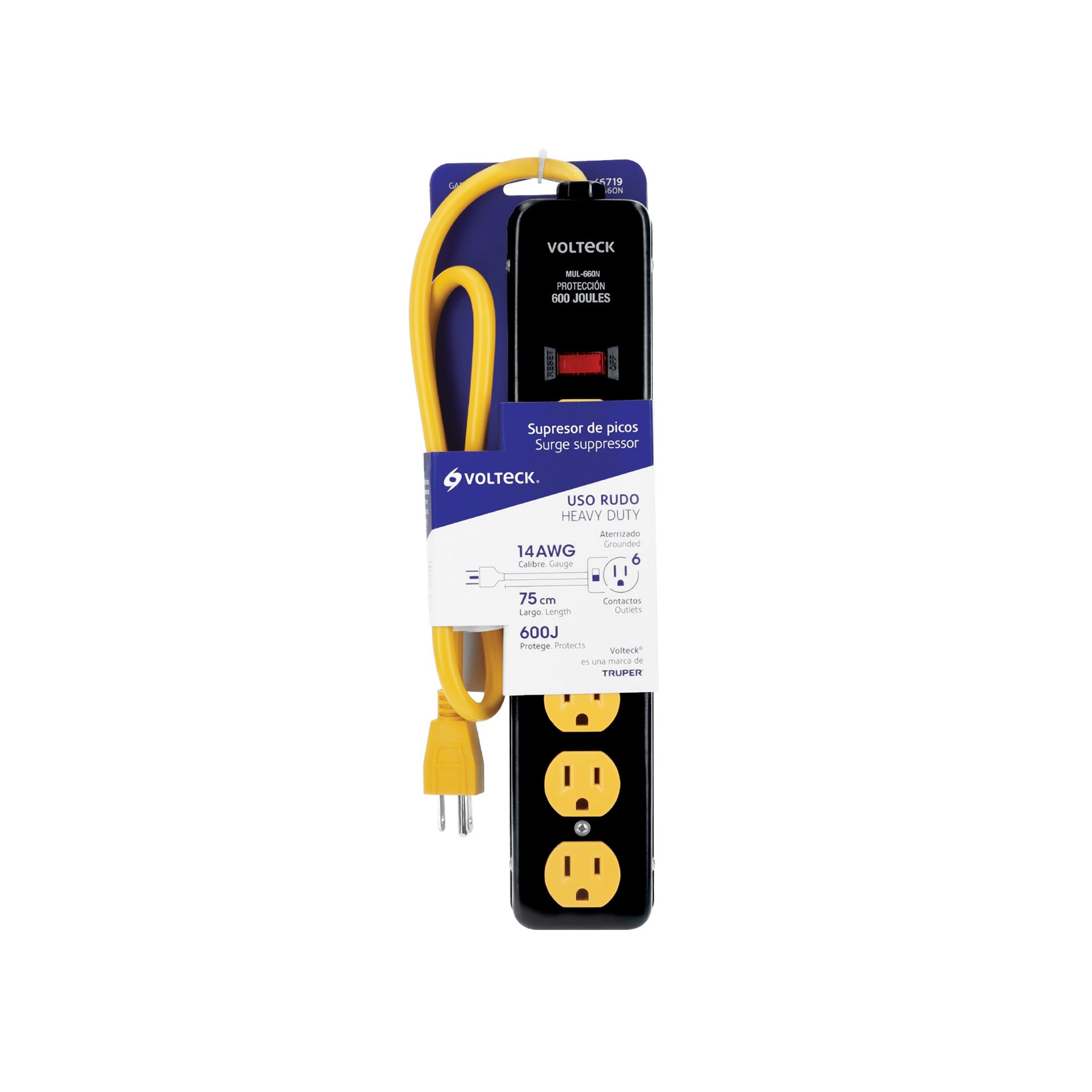 Multicontacto 14 AWG, 6 entradas sup. de picos 600 J, negro