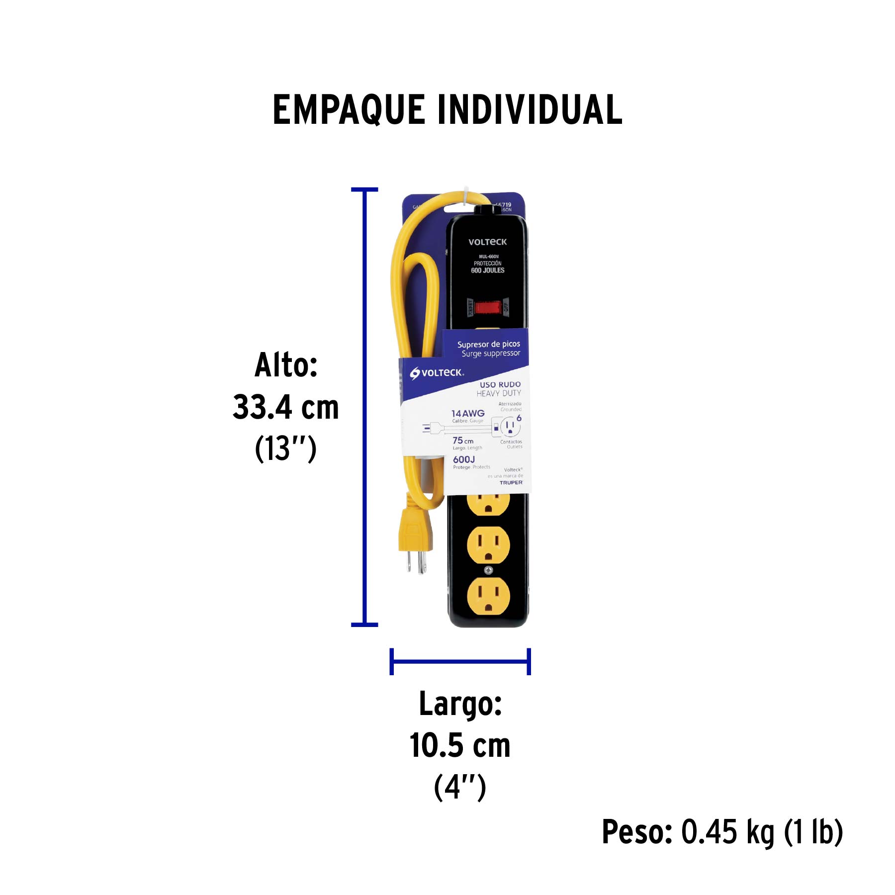 Multicontacto 14 AWG, 6 entradas sup. de picos 600 J, negro - Empaque