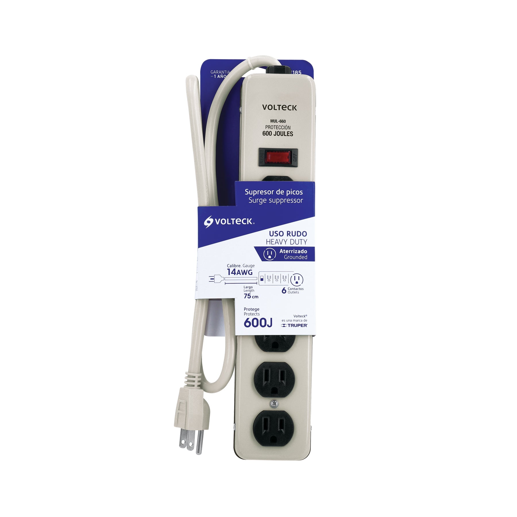 Multicontacto 14 AWG 6 entradas supresor de picos 600 joules
