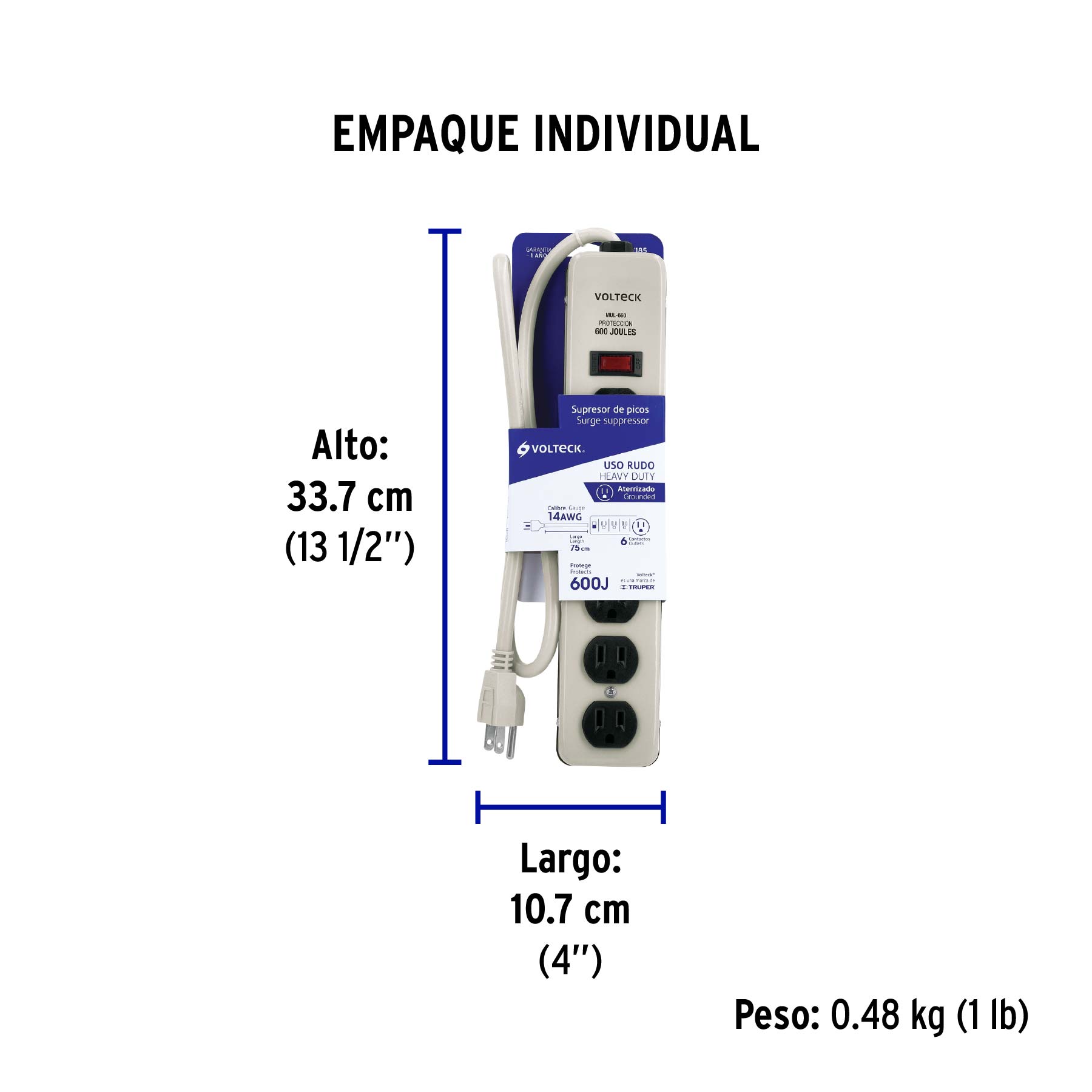 Multicontacto 14 AWG 6 entradas supresor de picos 600 joules - Empaque