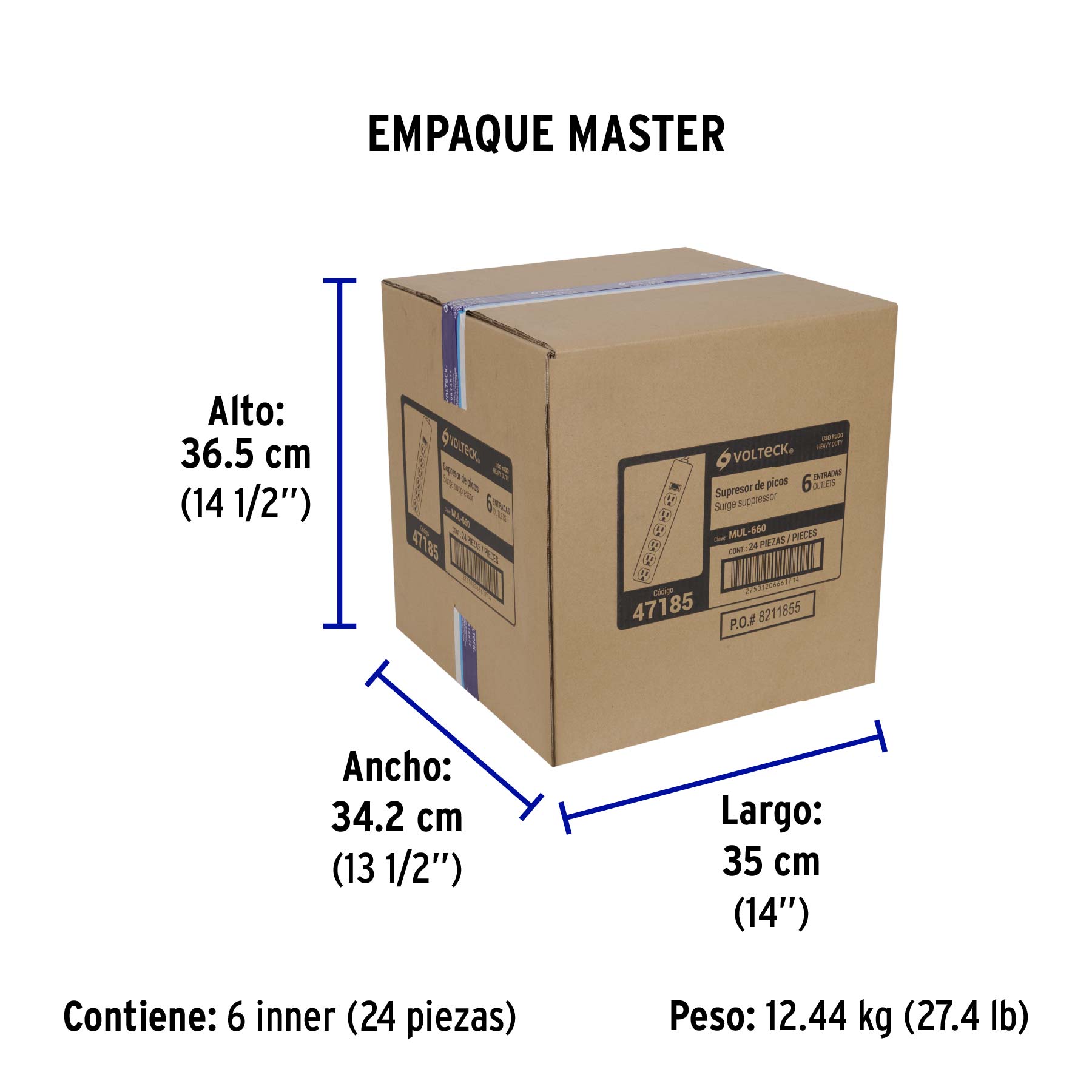 Multicontacto 14 AWG 6 entradas supresor de picos 600 joules - Empaque