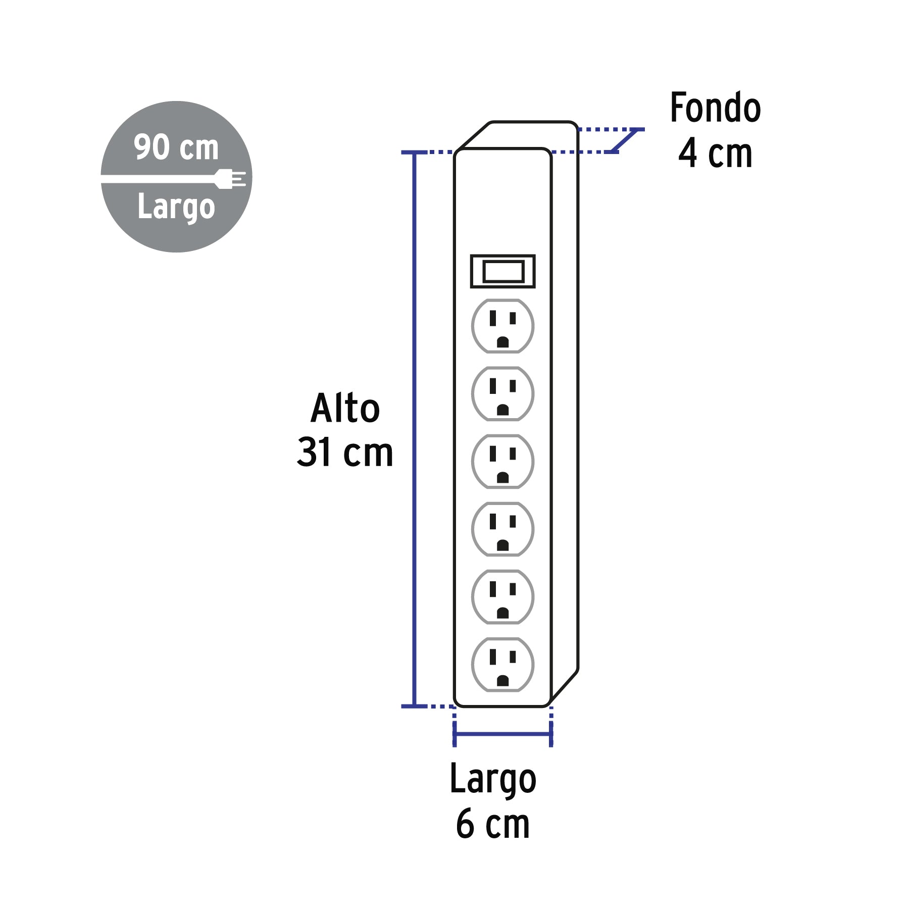 Multicontacto 14 AWG 6 entradas supresor de picos 600 joules