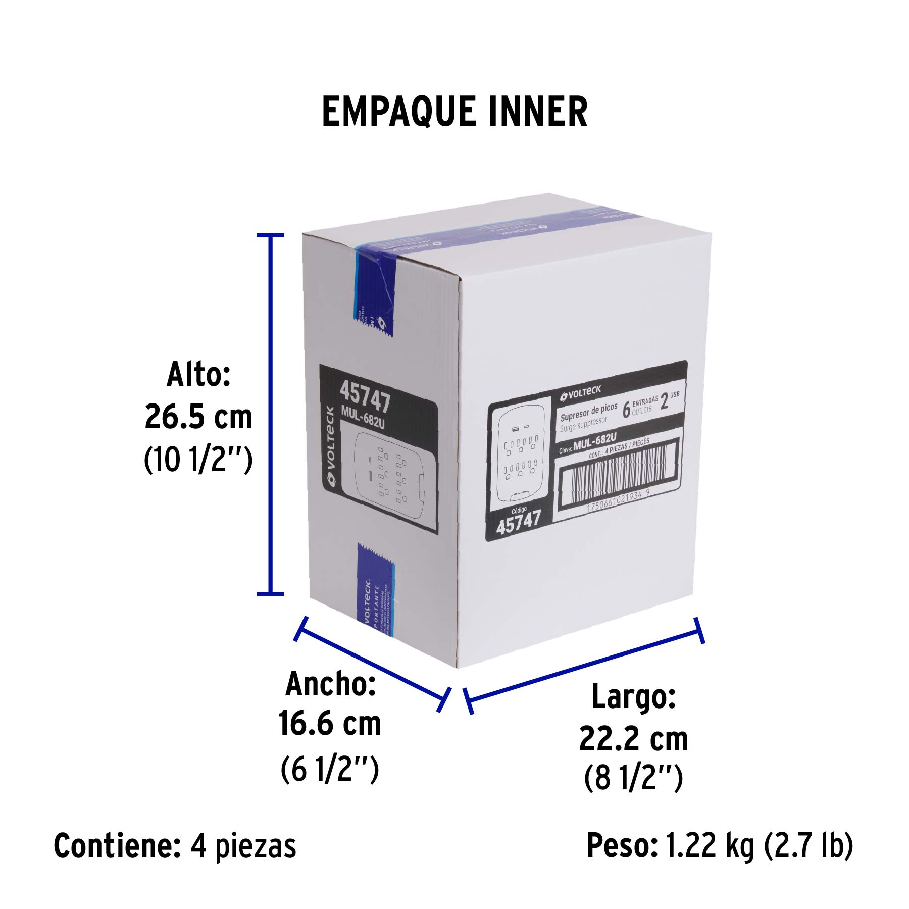 Multicontacto de pared, 800 Joules, 6 contactos y 2 USB A+C - Empaque
