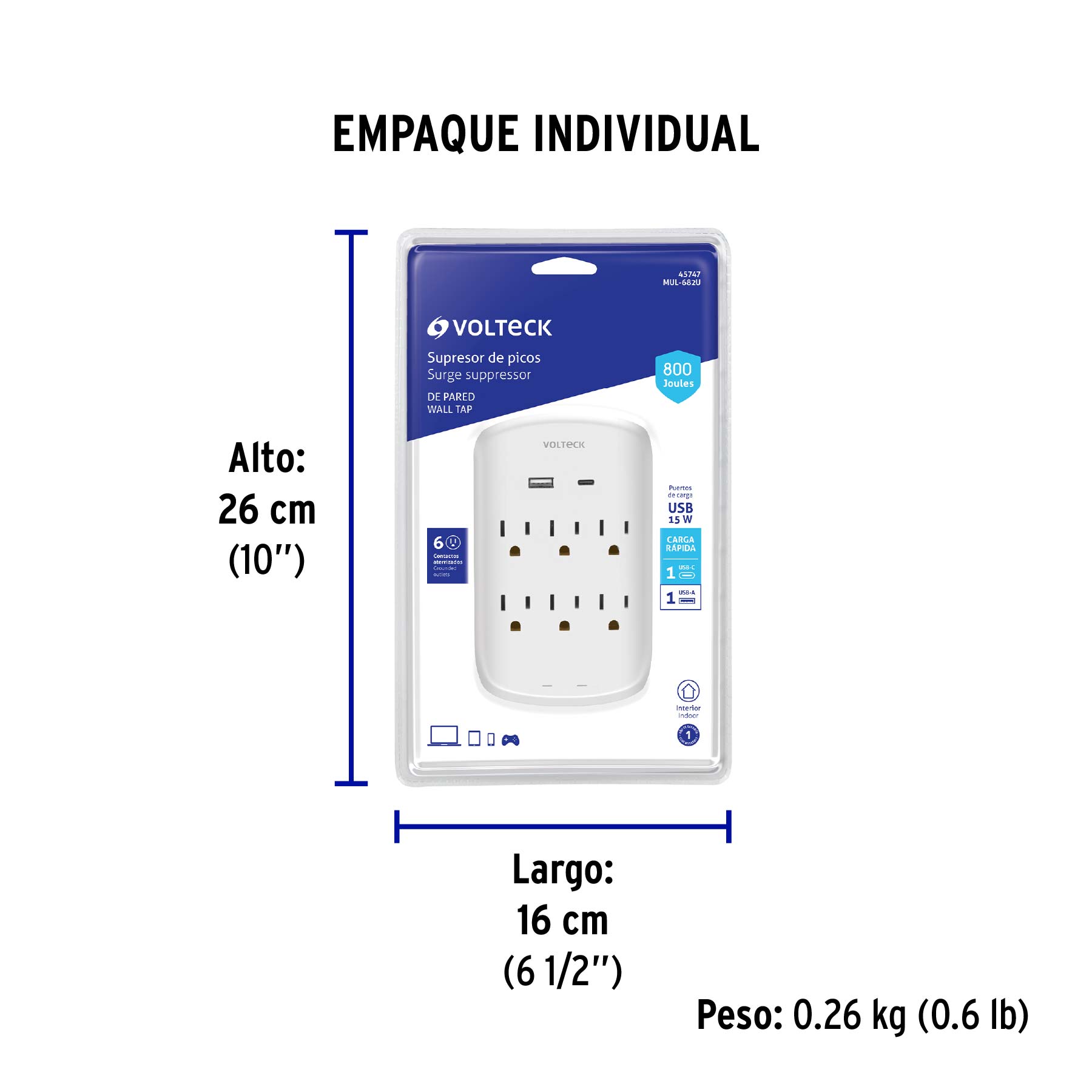 Multicontacto de pared, 800 Joules, 6 contactos y 2 USB A+C - Empaque