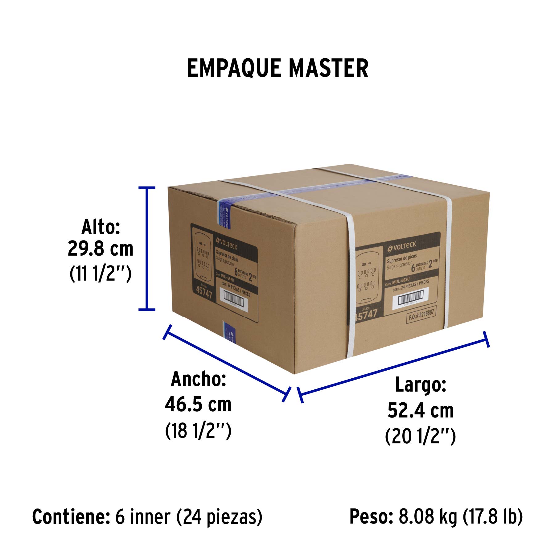 Multicontacto de pared, 800 Joules, 6 contactos y 2 USB A+C - Empaque