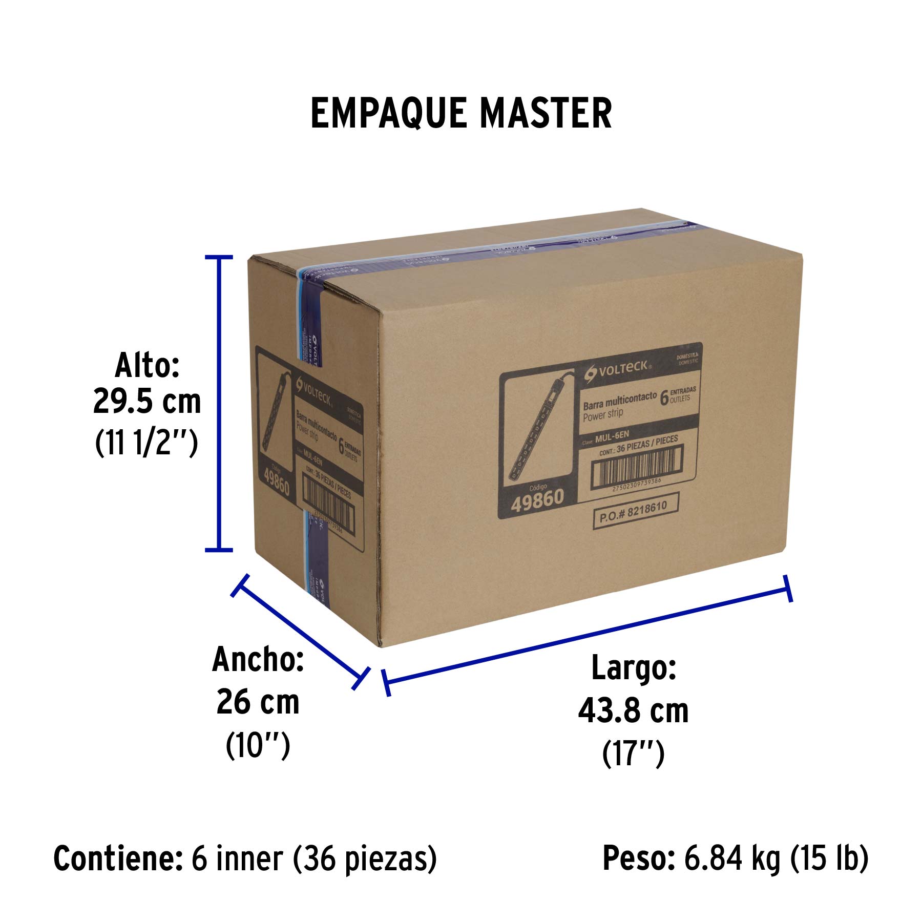 Multicontacto 16 AWG doméstico económico 6 entradas, negro - Empaque