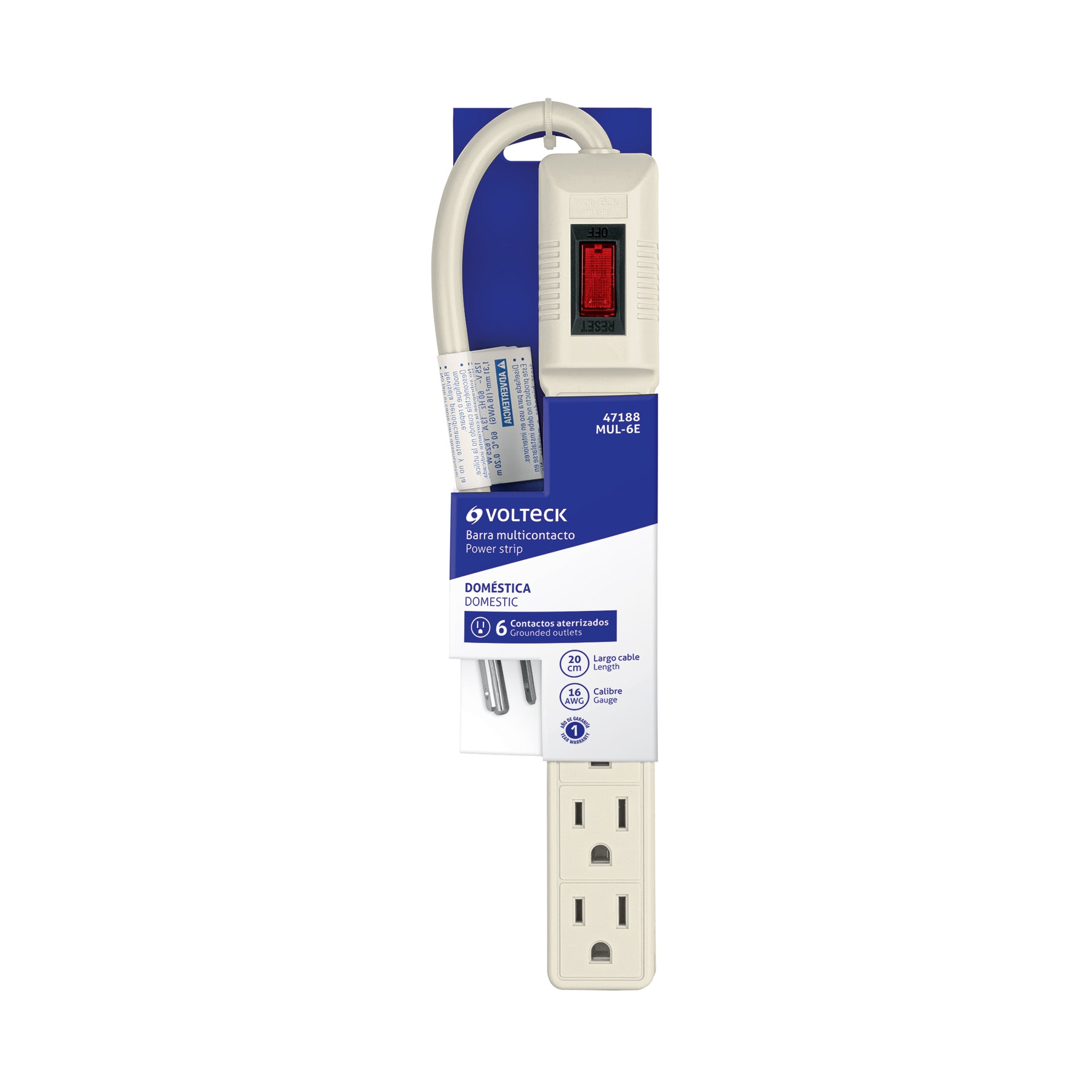 Multicontacto 16 AWG doméstico 6 entradas, VOLTECK