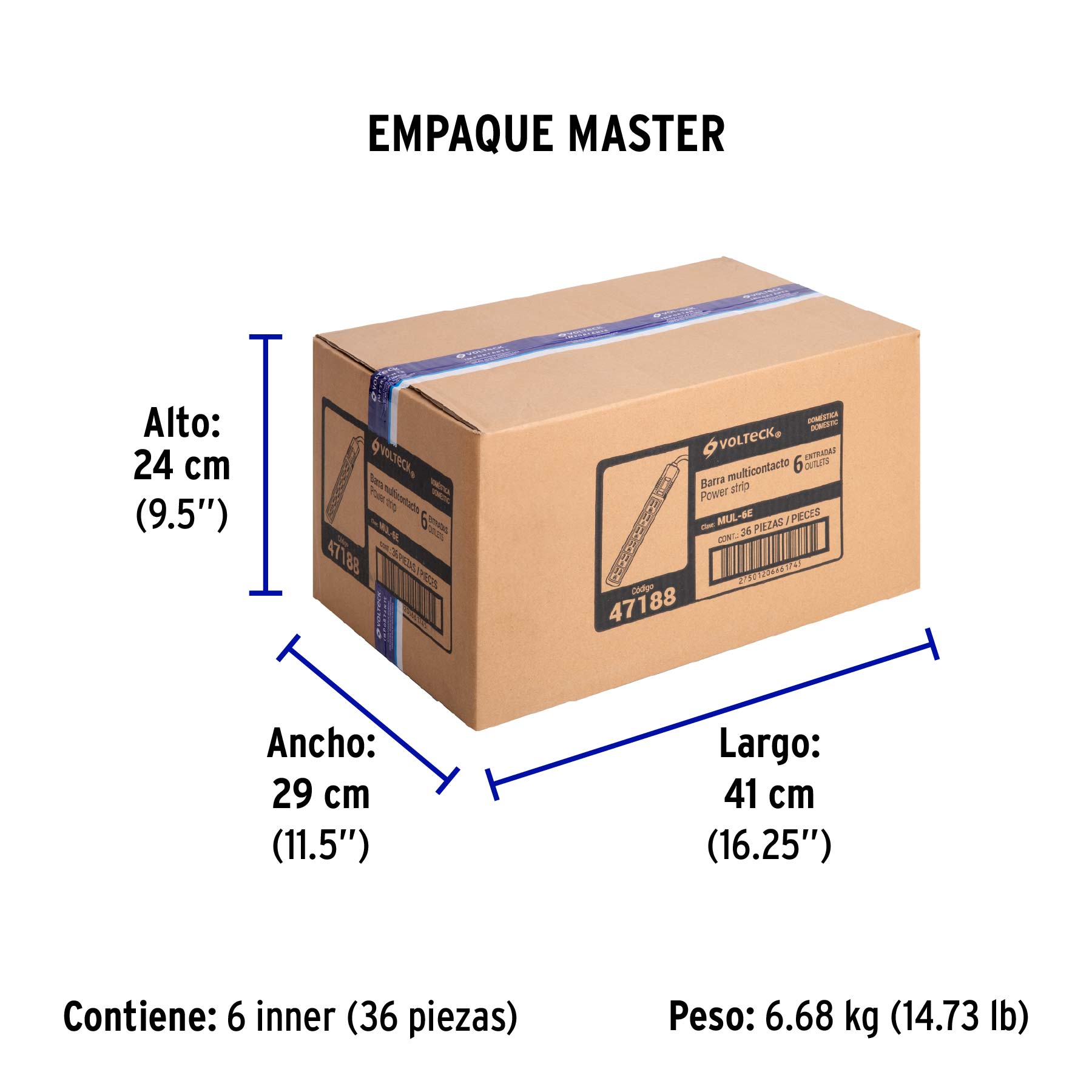 Multicontacto 16 AWG doméstico 6 entradas, VOLTECK - Empaque
