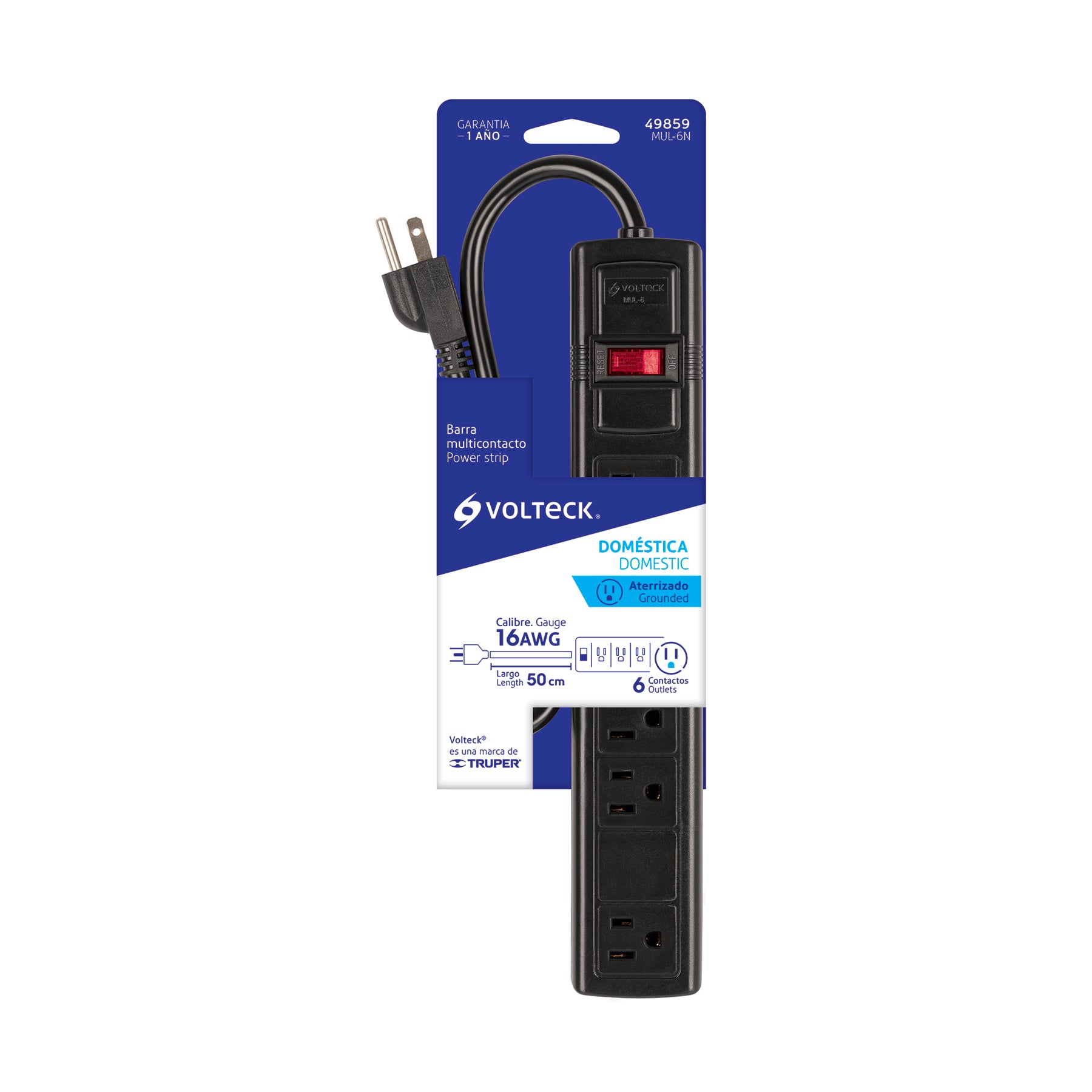 Multicontacto 16 AWG doméstico con 6 entradas, negro VOLTECK