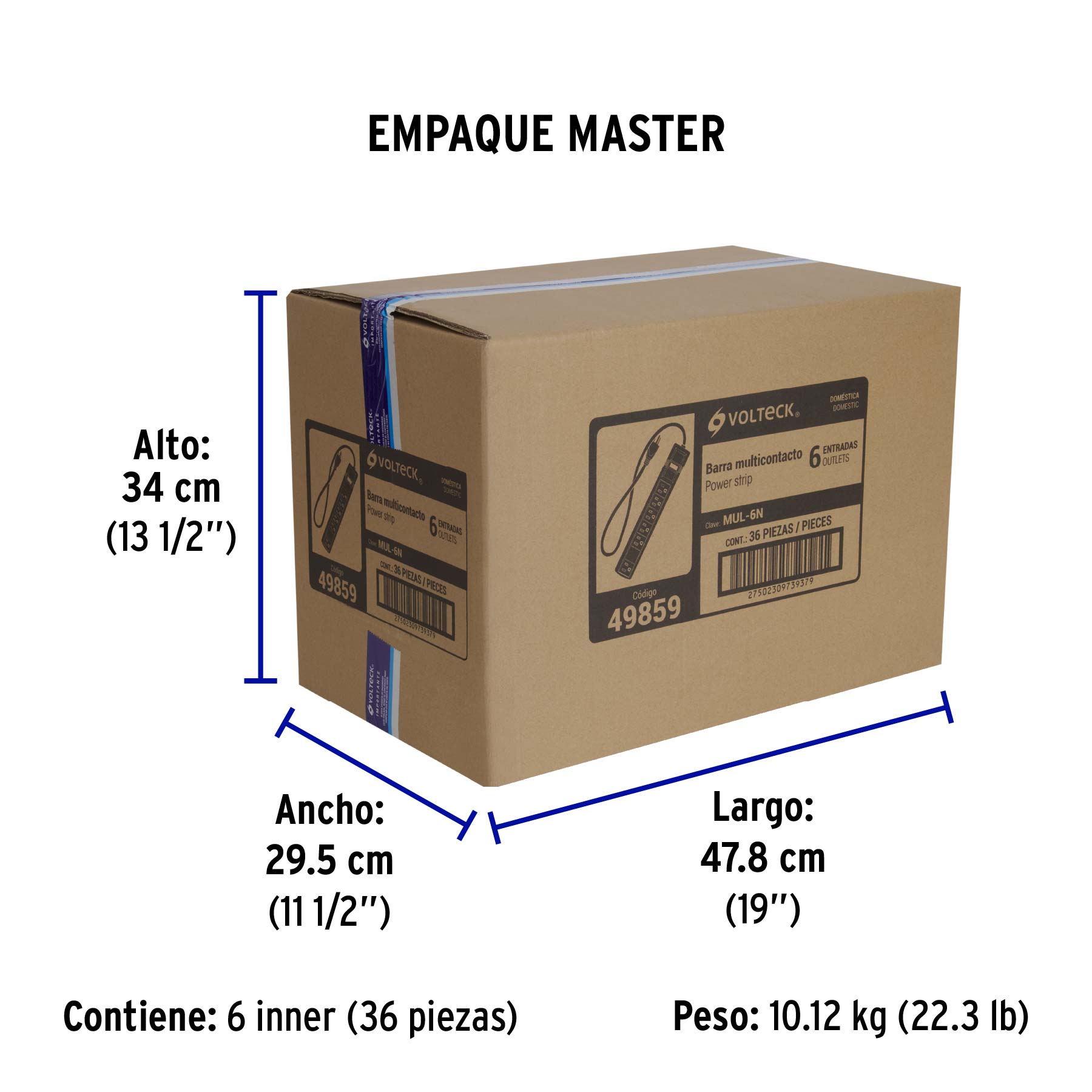 Multicontacto 16 AWG doméstico con 6 entradas, negro VOLTECK - Empaque