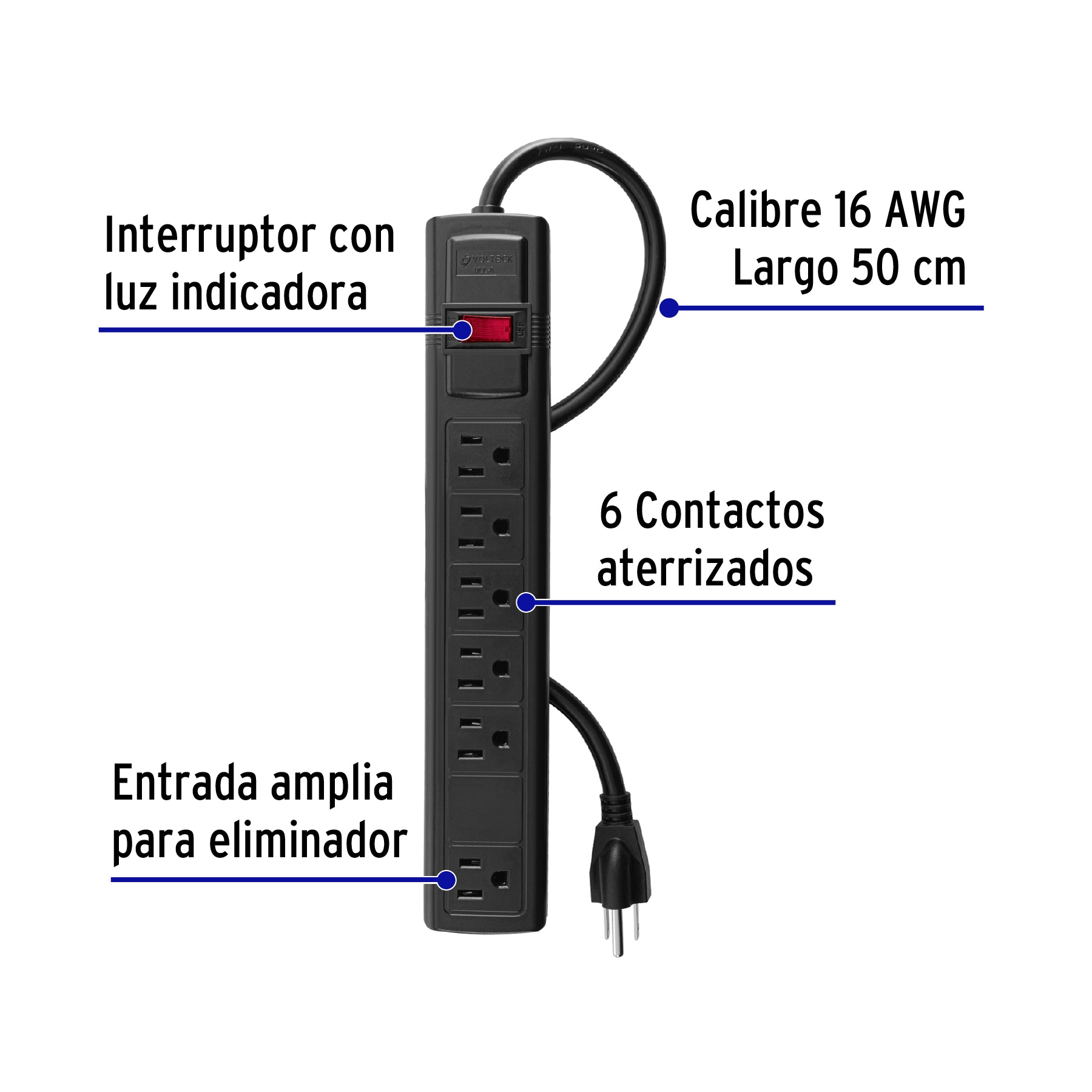 Multicontacto 16 AWG doméstico con 6 entradas, negro VOLTECK