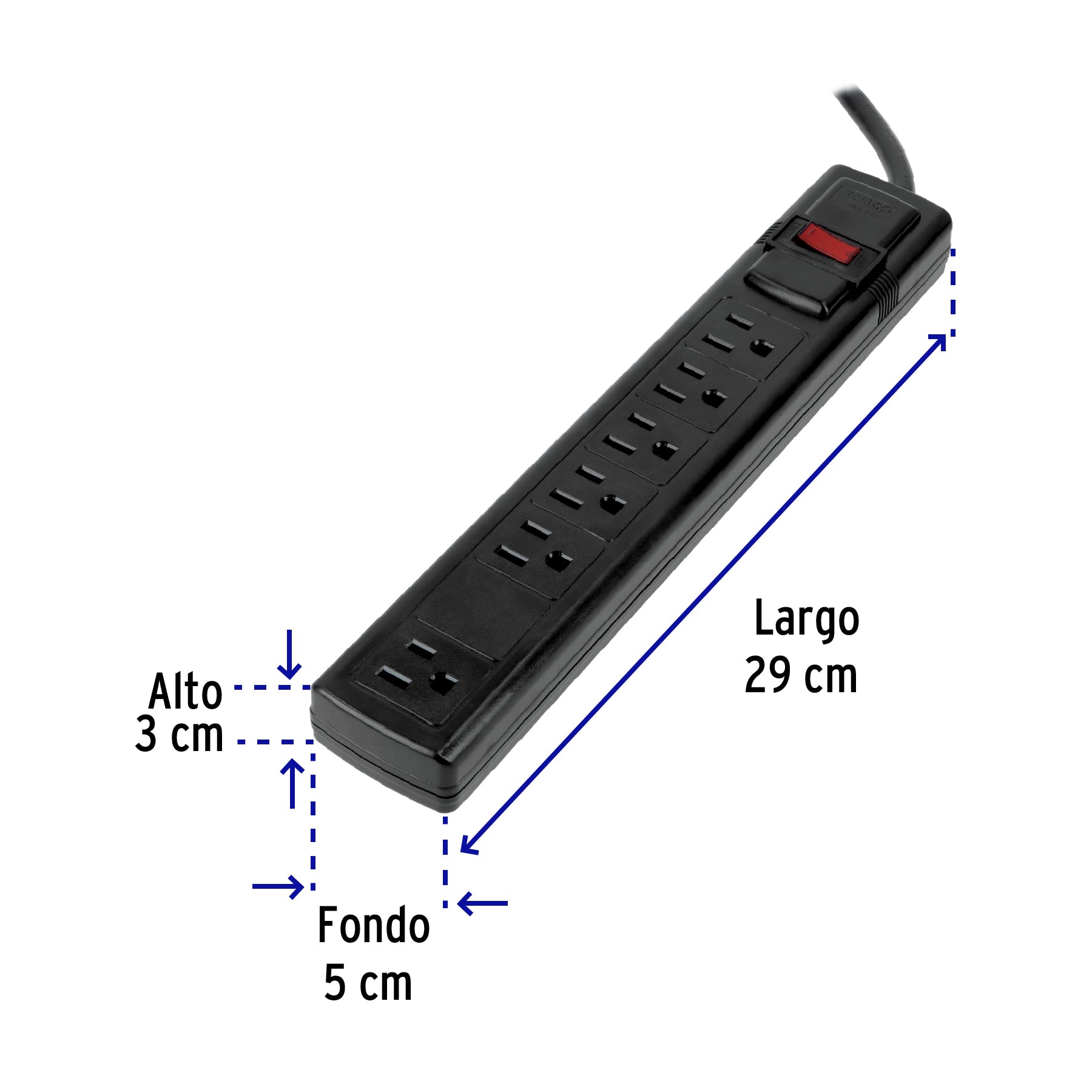 Multicontacto 16 AWG doméstico con 6 entradas, negro VOLTECK