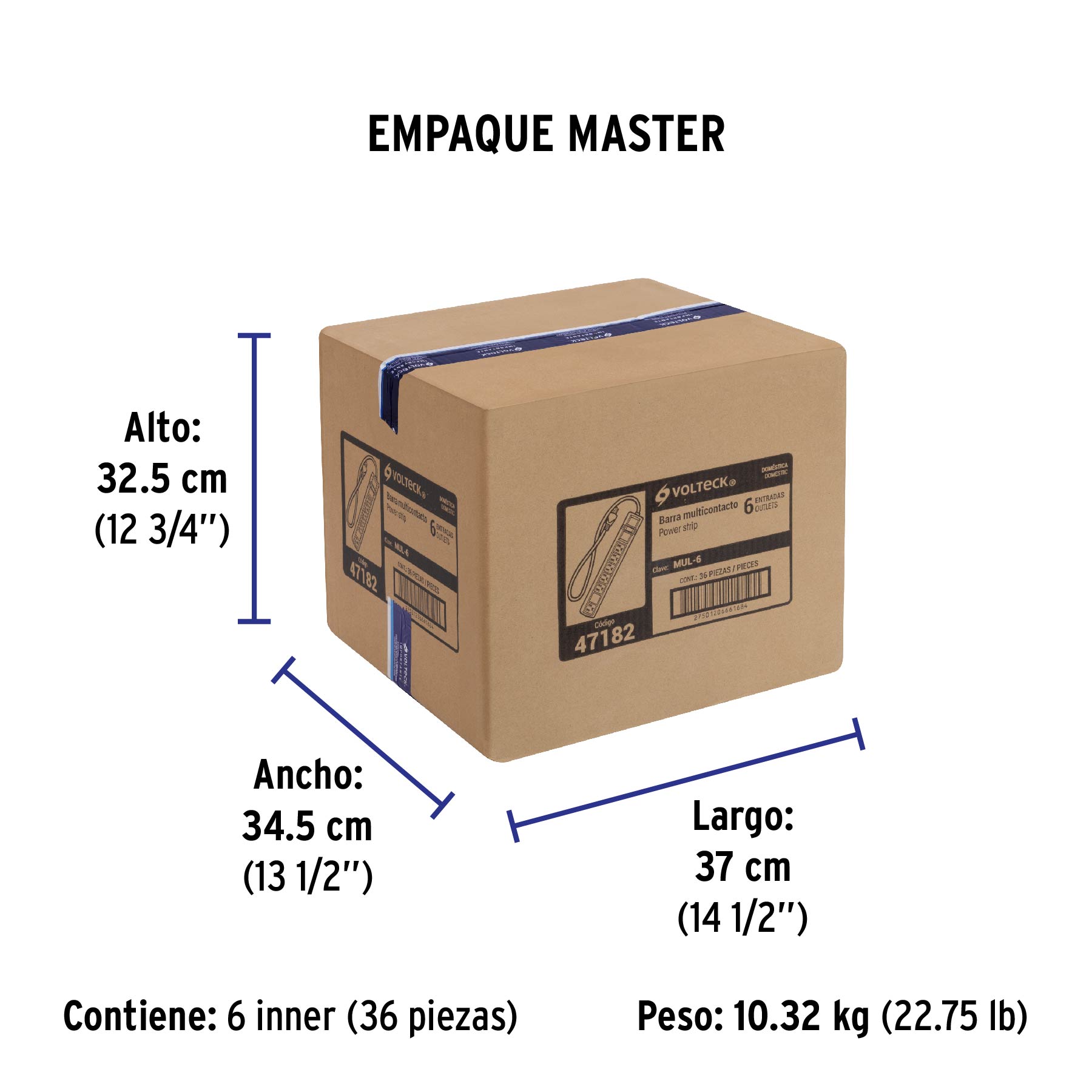 Multicontacto 16 AWG uso rudo con 6 entradas, VOLTECK - Empaque