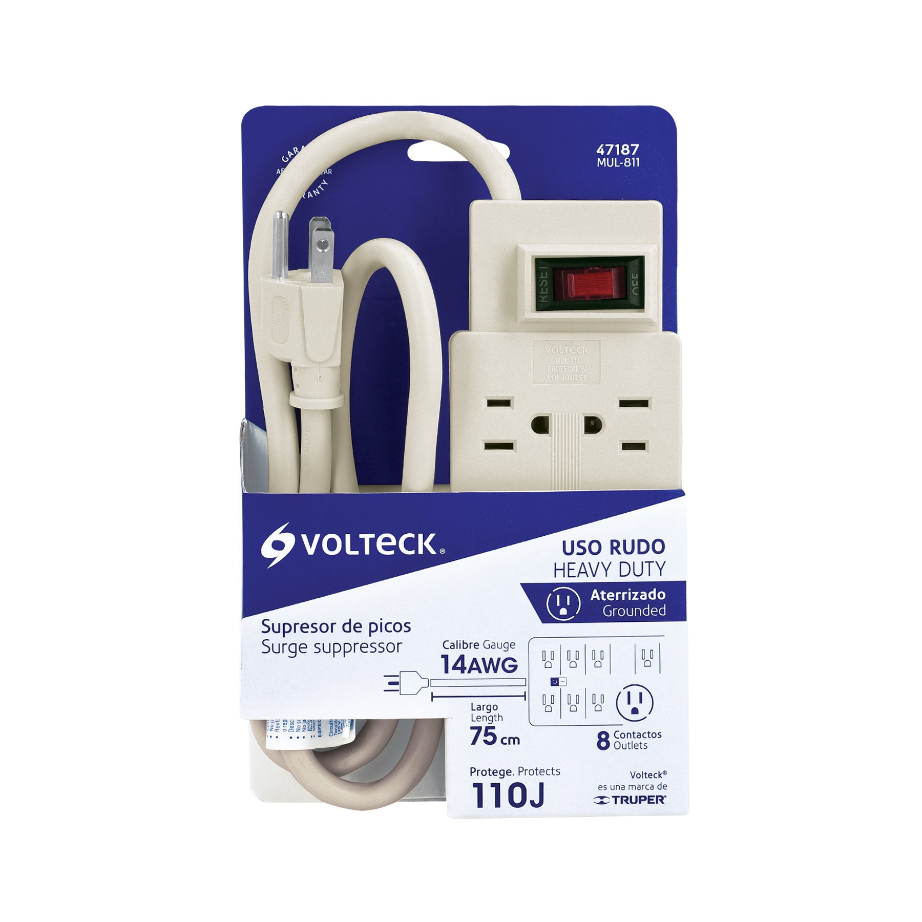 Multicontacto 14 AWG 8 entradas supresor de picos 110 joules