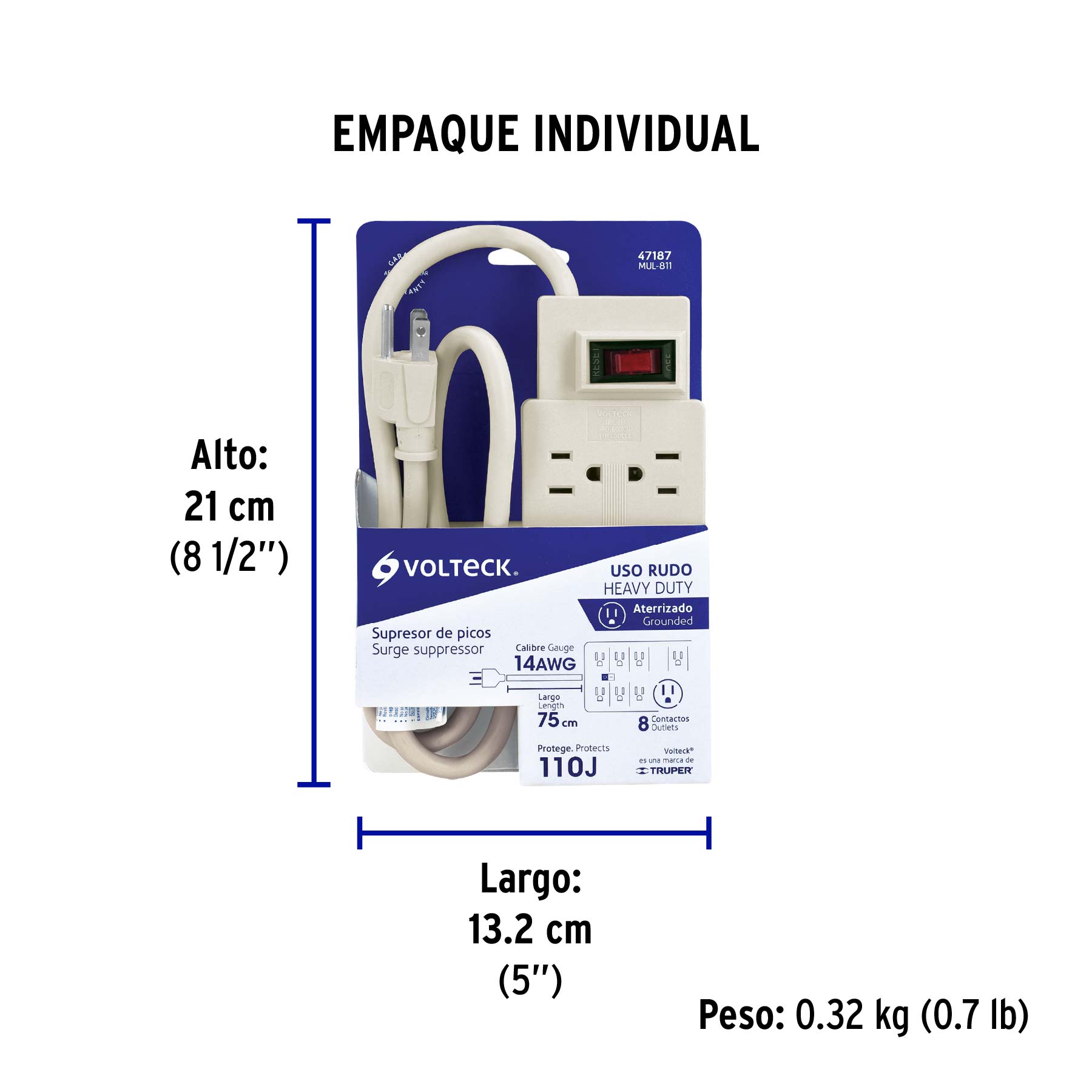 Multicontacto 14 AWG 8 entradas supresor de picos 110 joules - Empaque