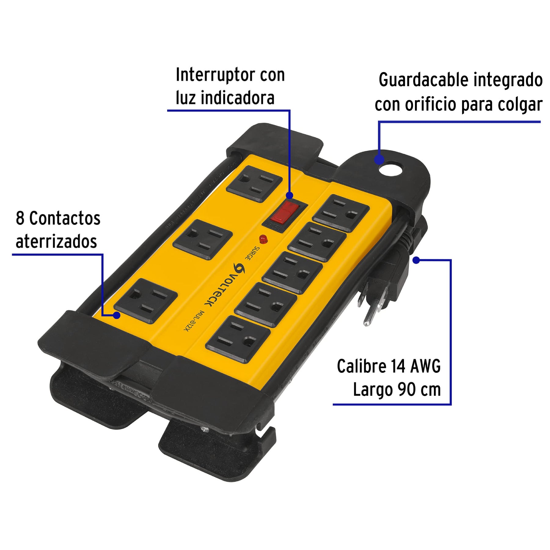 Multicontacto 14 AWG industrial supresor de picos 8 entradas