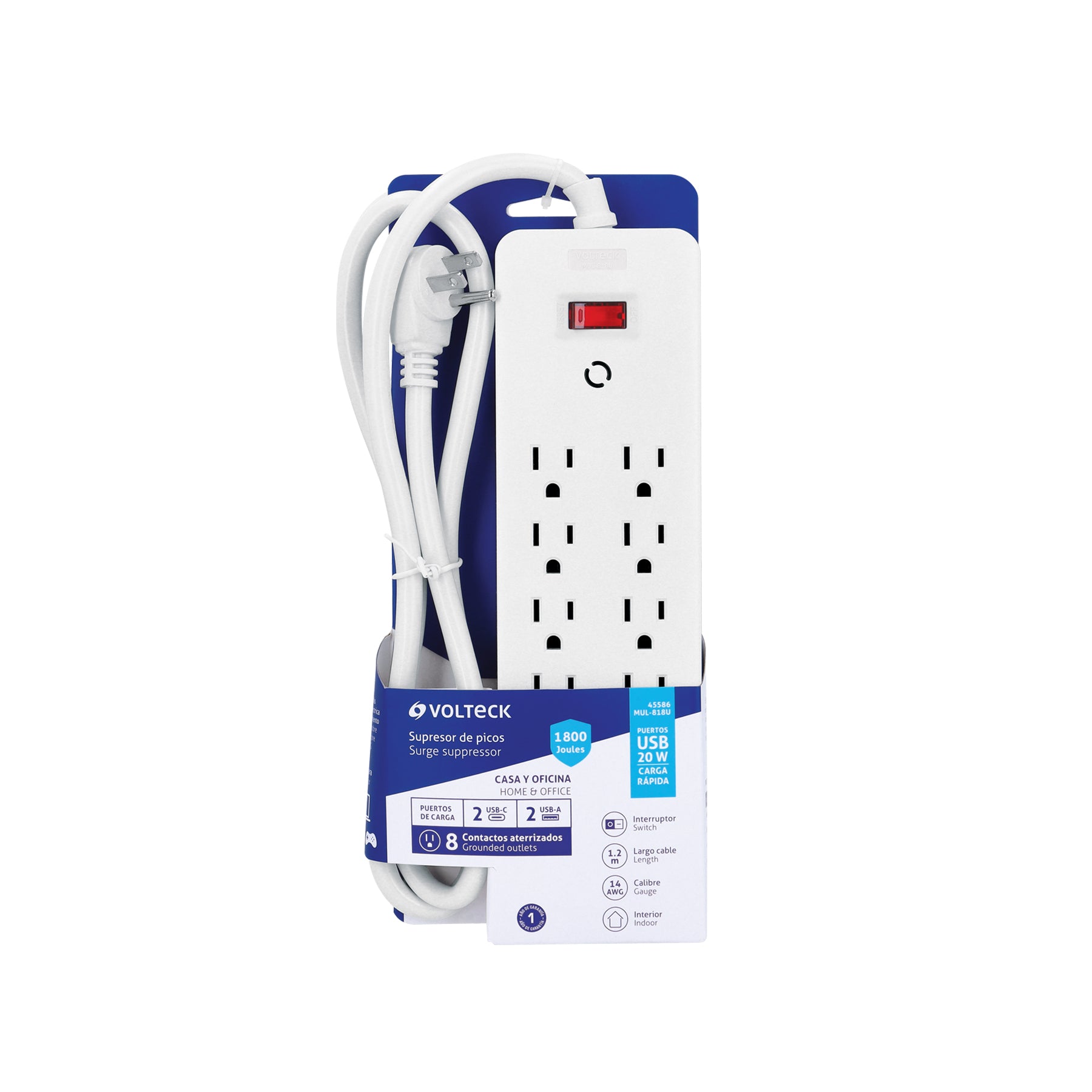 Multicontacto 8 entradas, 2 USB A + 2 USB C, blanco, VOLTECK