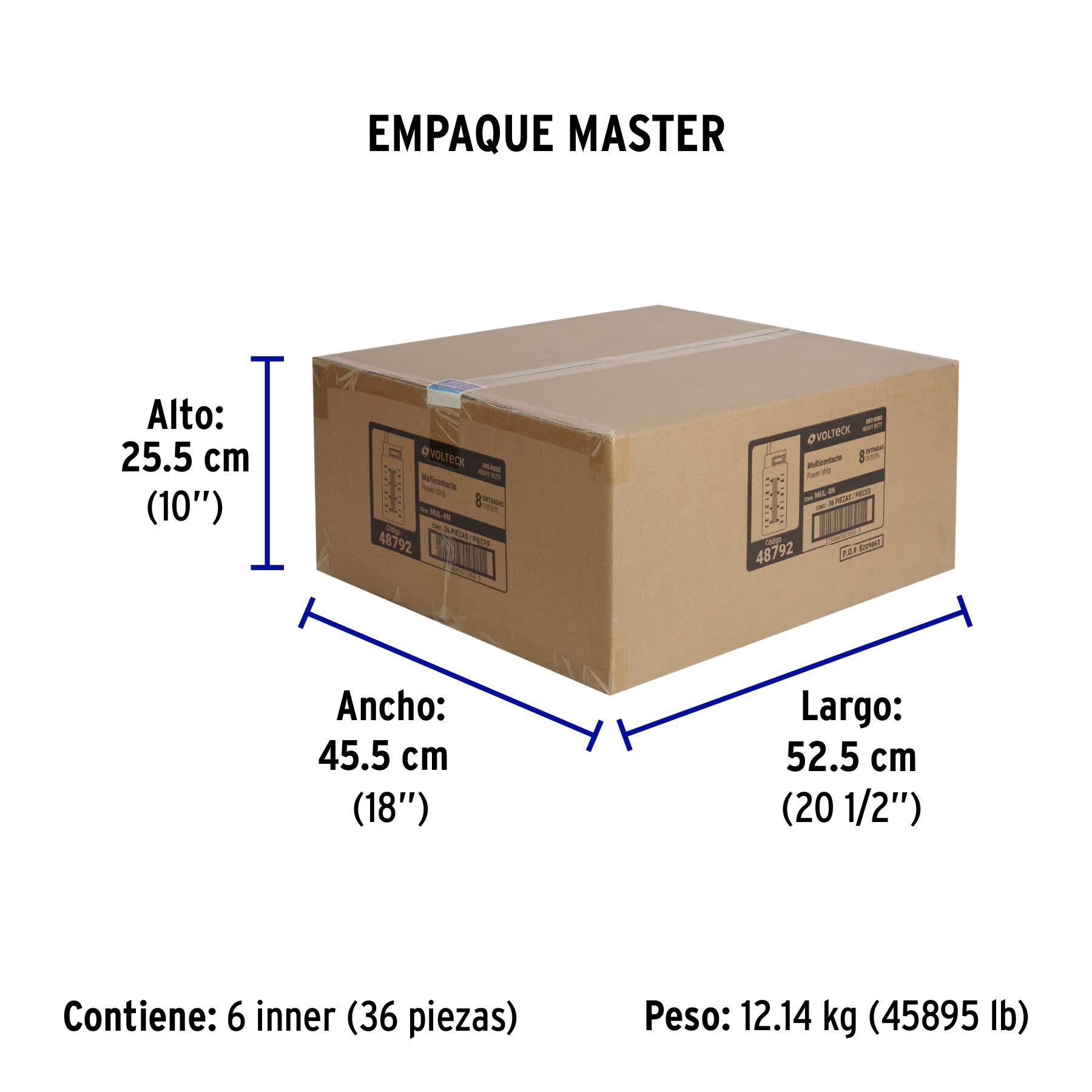 Multicontacto de uso rudo con 8 entradas, negro, VOLTECK - Empaque
