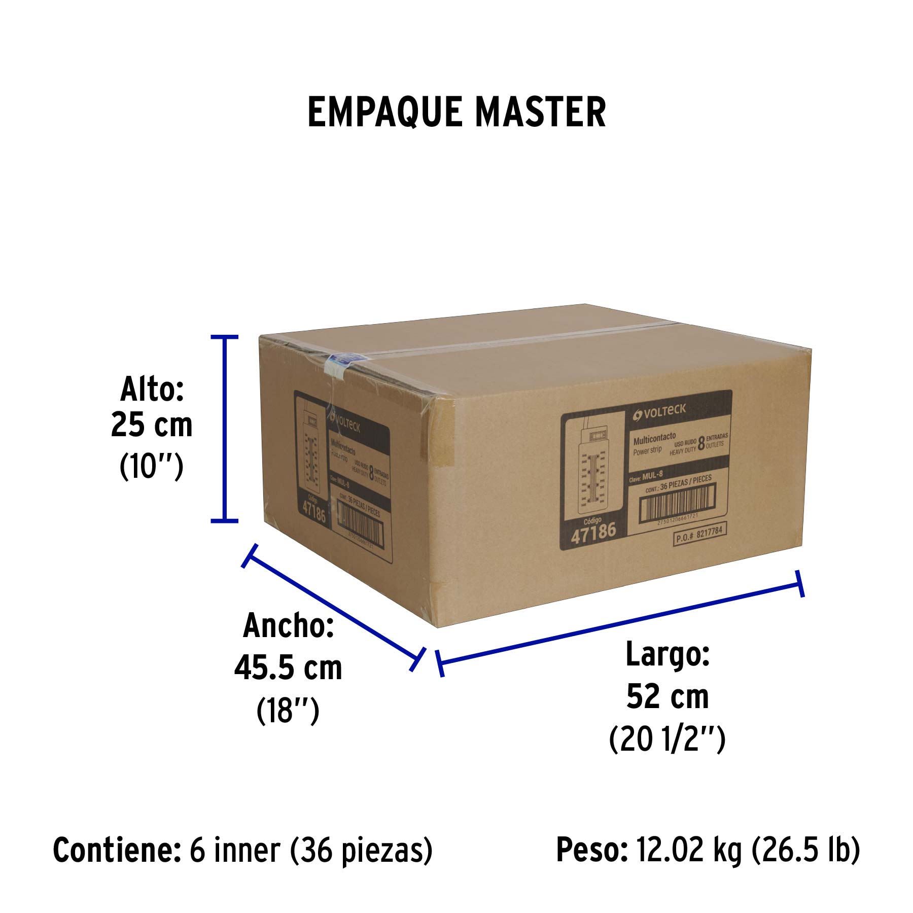 Multicontacto 14 AWG uso rudo con 8 entradas, VOLTECK - Empaque