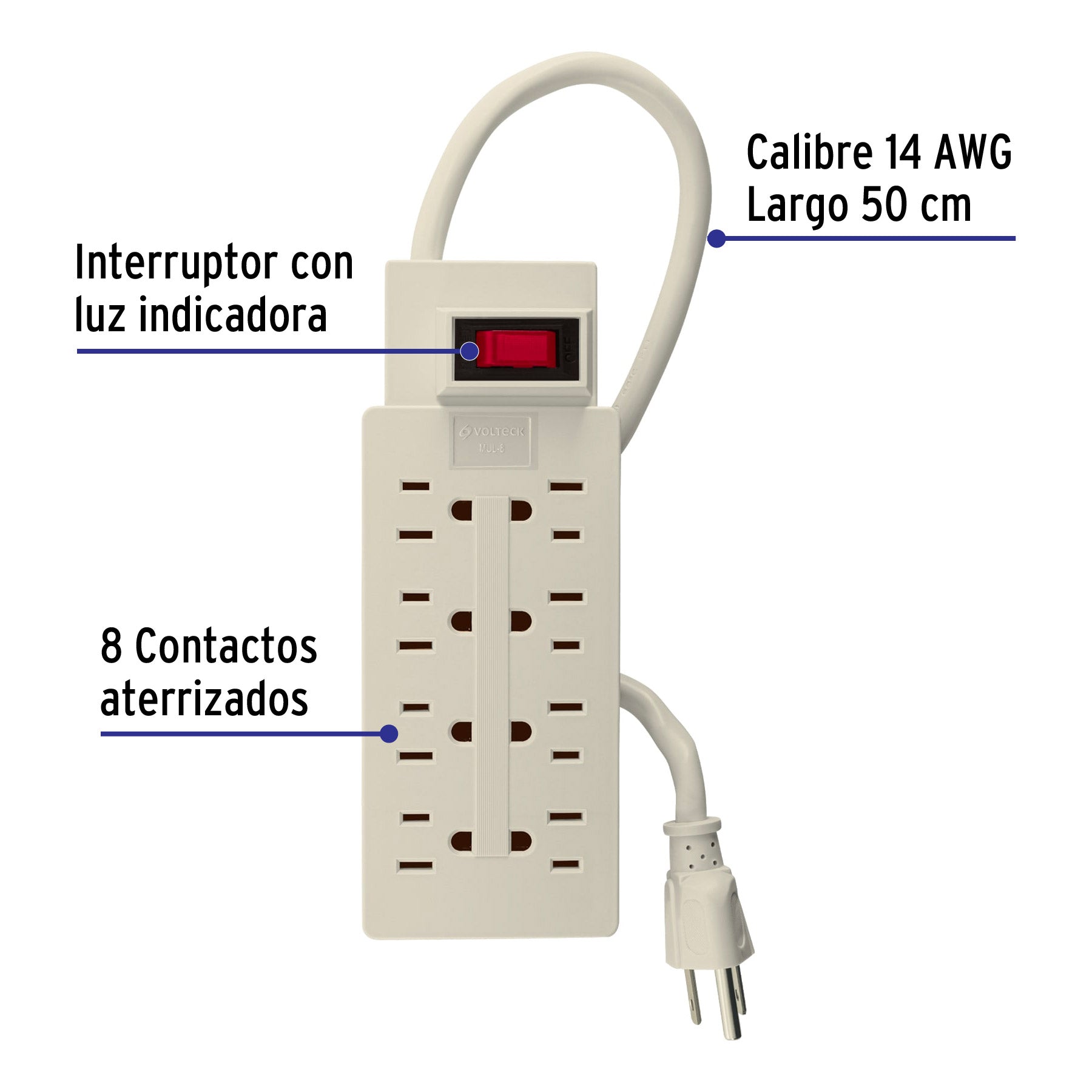 Multicontacto 14 AWG uso rudo con 8 entradas, VOLTECK